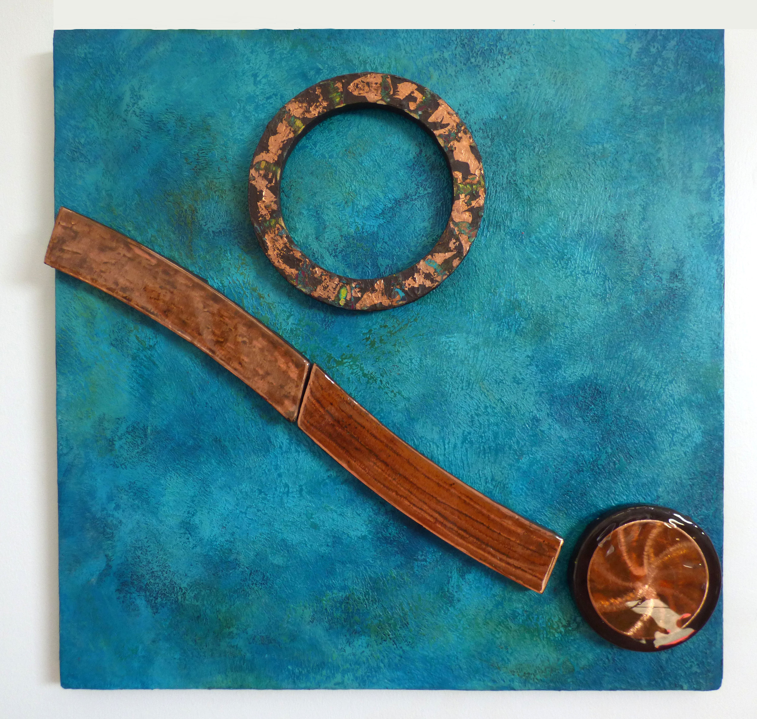 Rolling Along 24x24 in.; 61x61 cm.; 2 pieces; anodized copper, steel, acrylic, wood; 2018