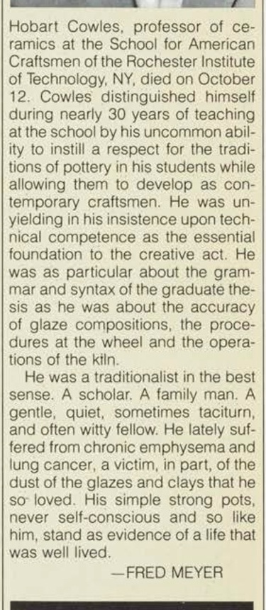Hobart Cowles Obituary from the American Crafts Council