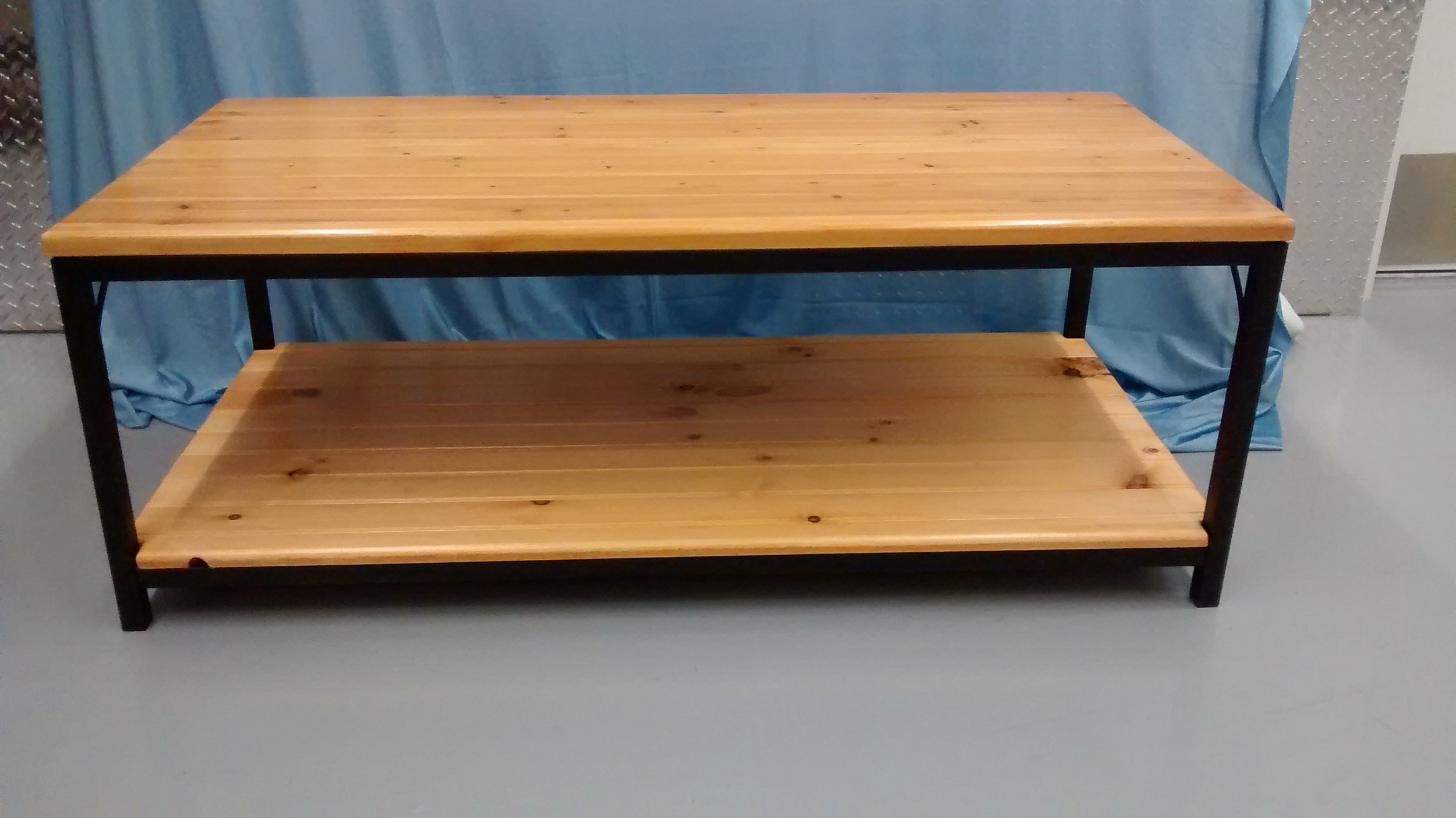 Coffee Table with Refinished Wood Top and New Lower Shelf with Square Steel Tube Frame and Legs