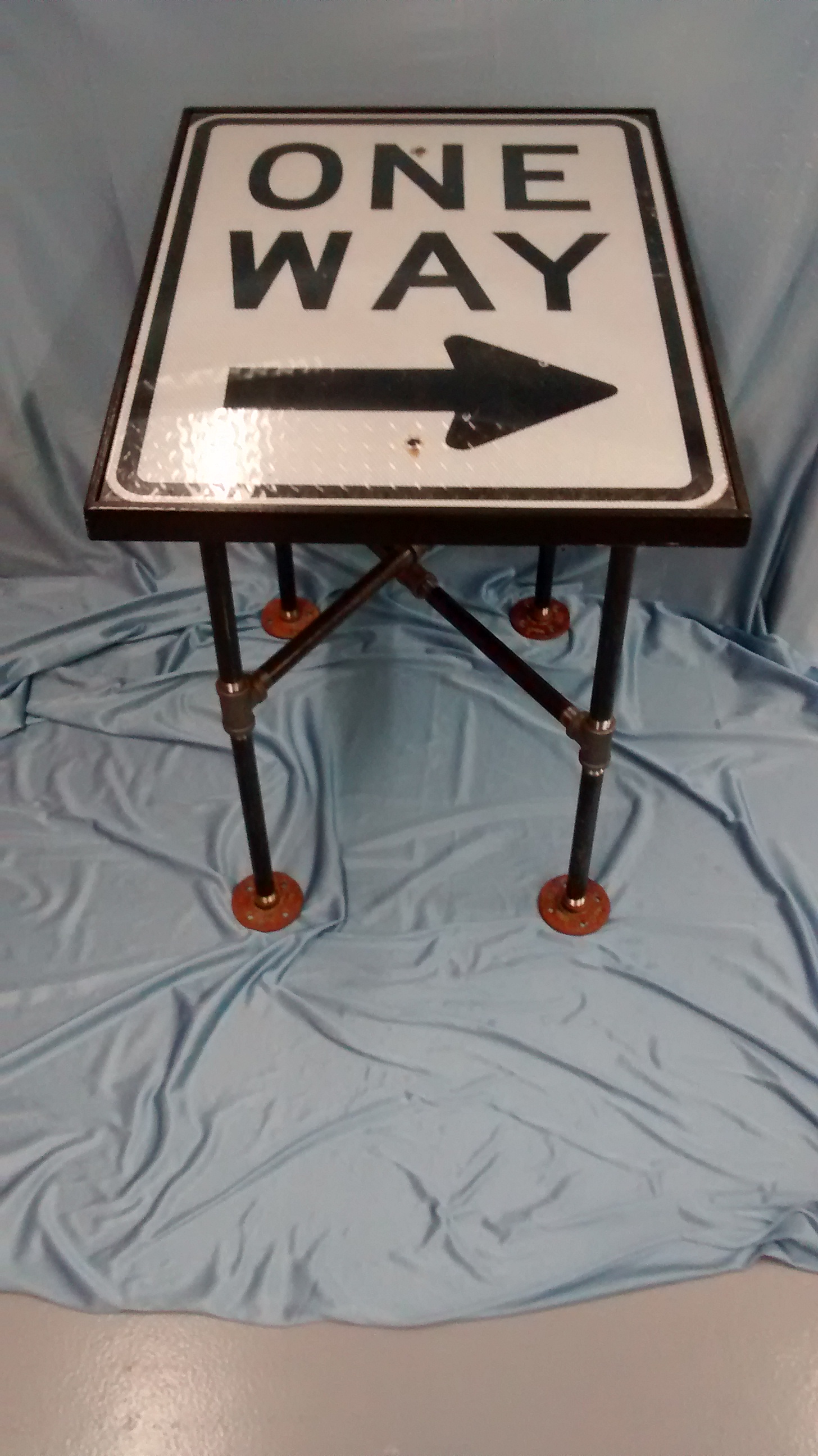 One-Way Road Sign End Table with Black Pipe Legs