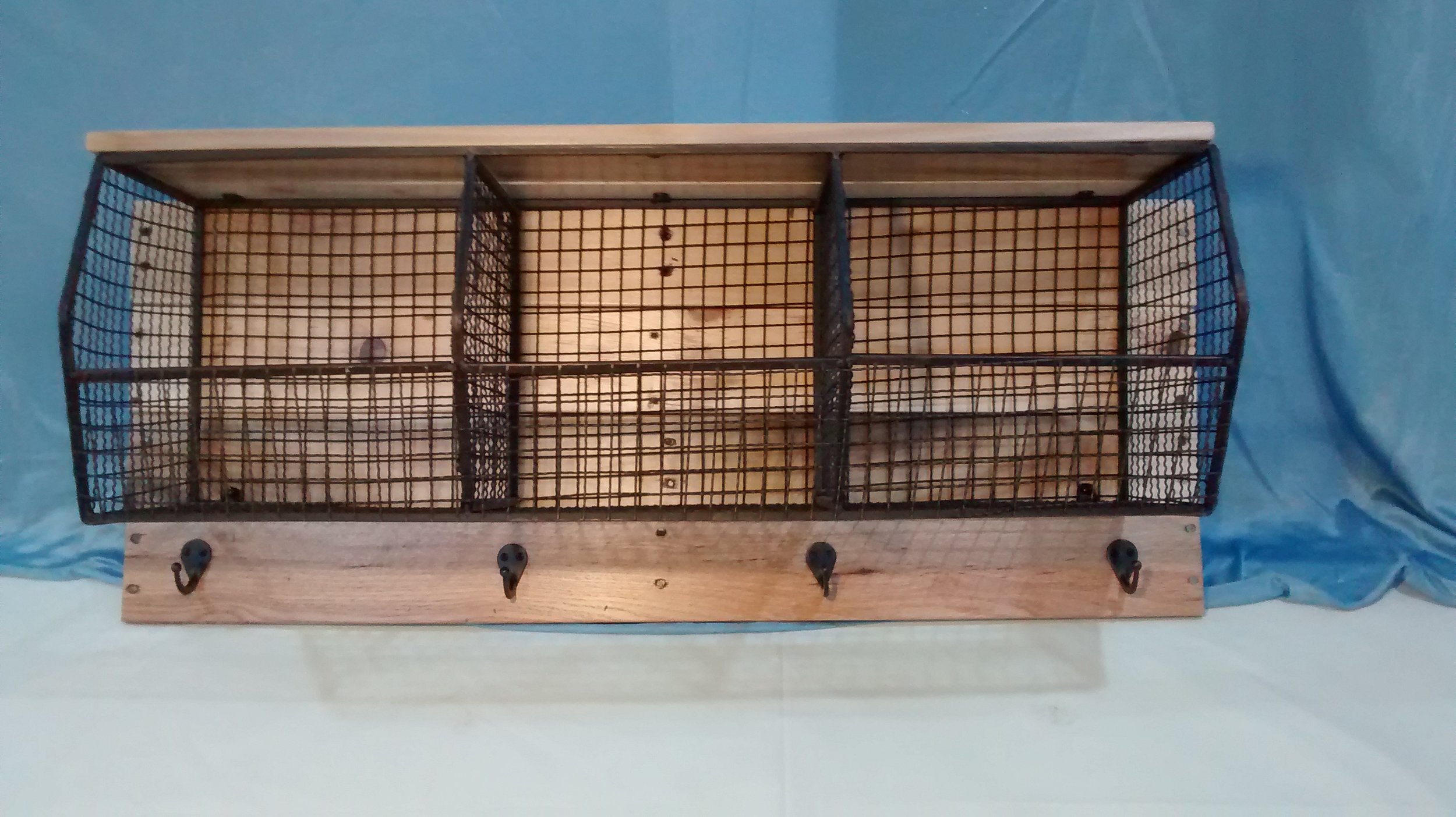 Black Wire Storage Bins and Hooks with Reclaimed Wood Back and Top