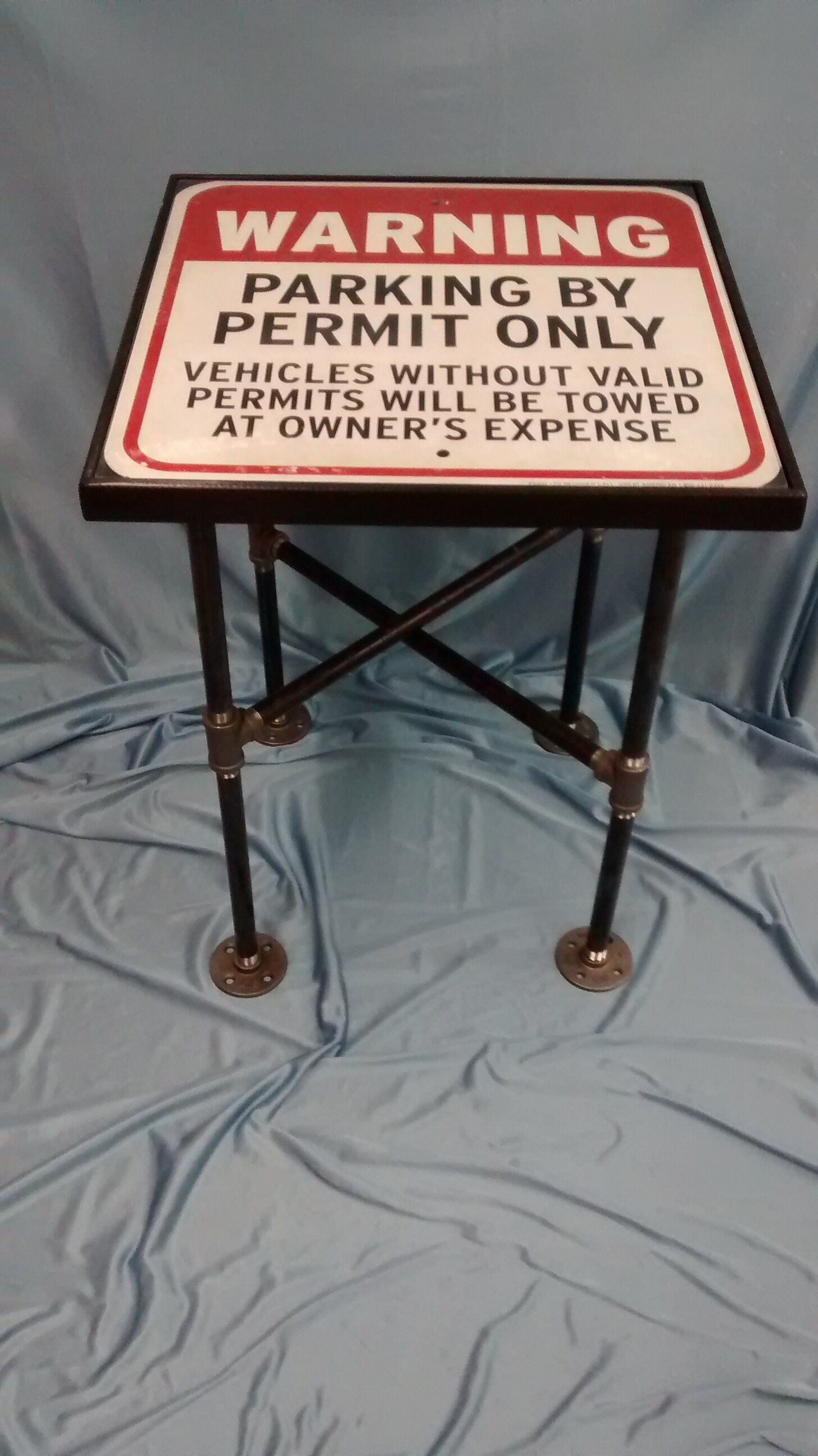 Permit Parking Sign End Table with Black Pipe Legs