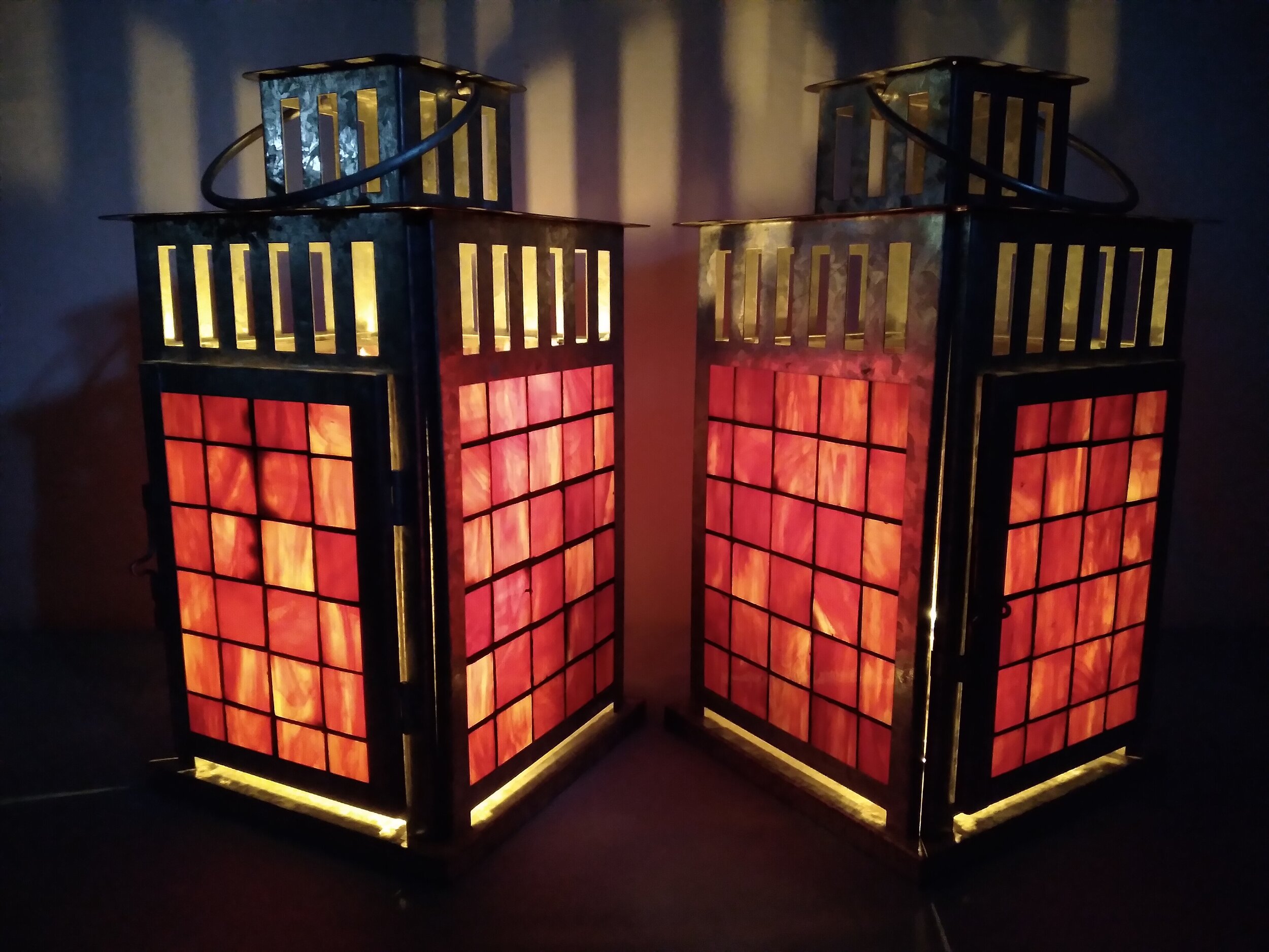 Pair of Stained-Glass Candle Lanterns