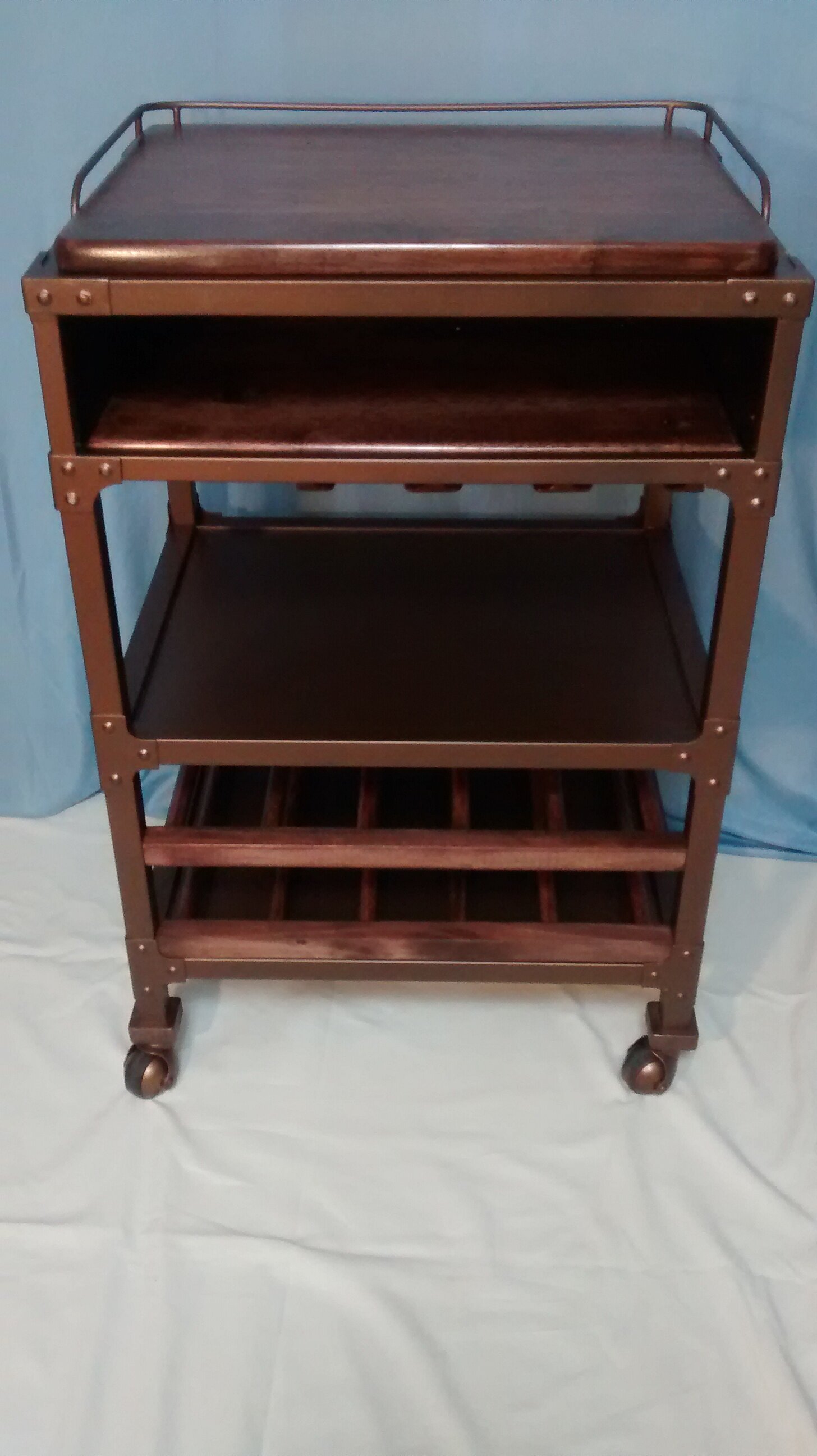 Compact Metal Wine Bar Cart with Reclaimed Wood Shelves