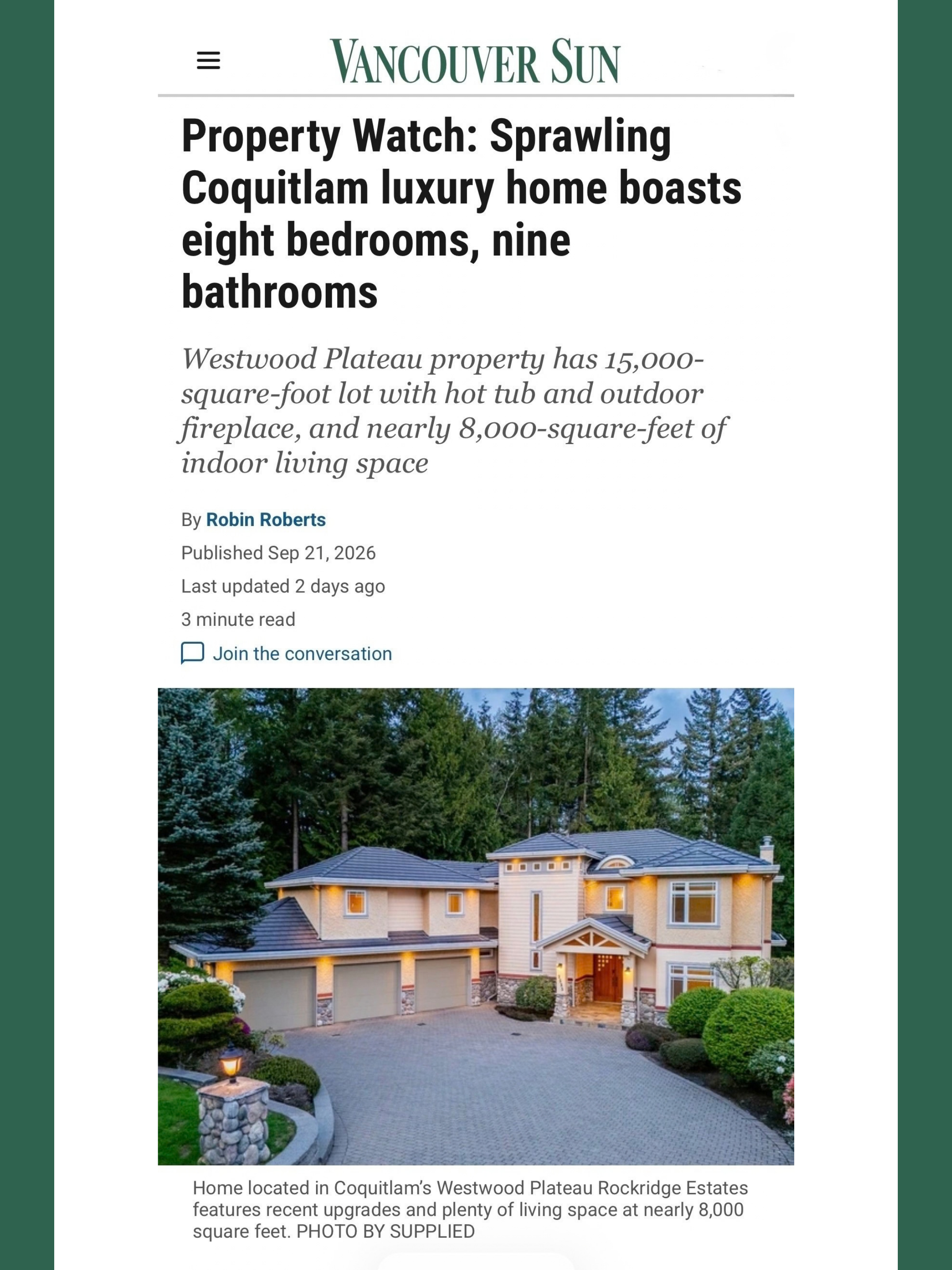 Vancouver Sun Featuring Carolyn Pogue Listing Coquitlam Realtor 1535 Rockcress Place Coquitlam