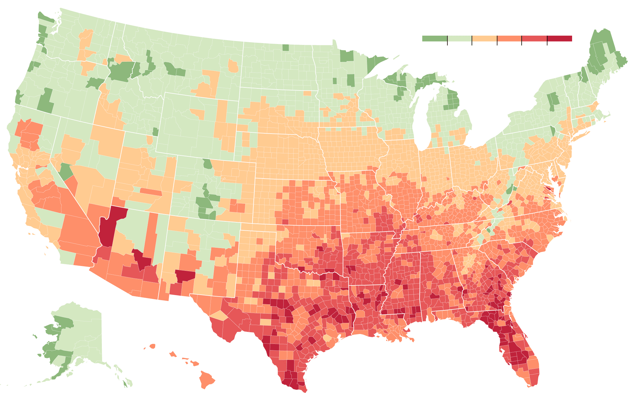 Map of predicted damage, 2080-2099 by Percent of County GDP per year
