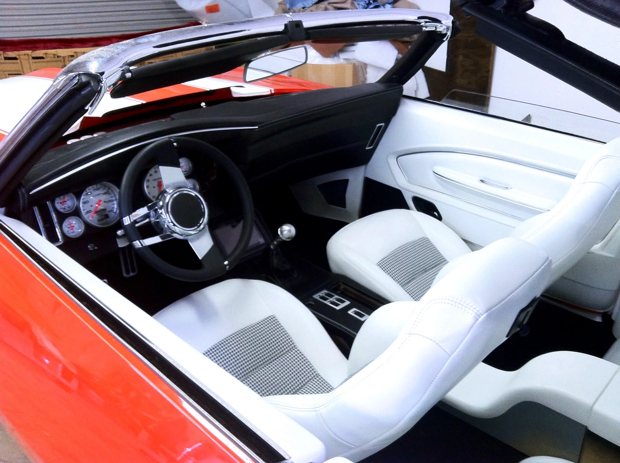 Convertible Camaro - Full custom interior white leather bucket seats.