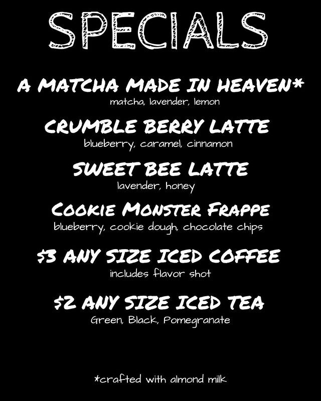 Check out our new specials! They are available hot or iced. And don&rsquo;t forget our iced coffee and iced tea deal available all summer!

Brewing Today: Wake Up, Hylander Creme, Corner Bistro, Reflections (decaf), French Vanilla (decaf)

#specials 