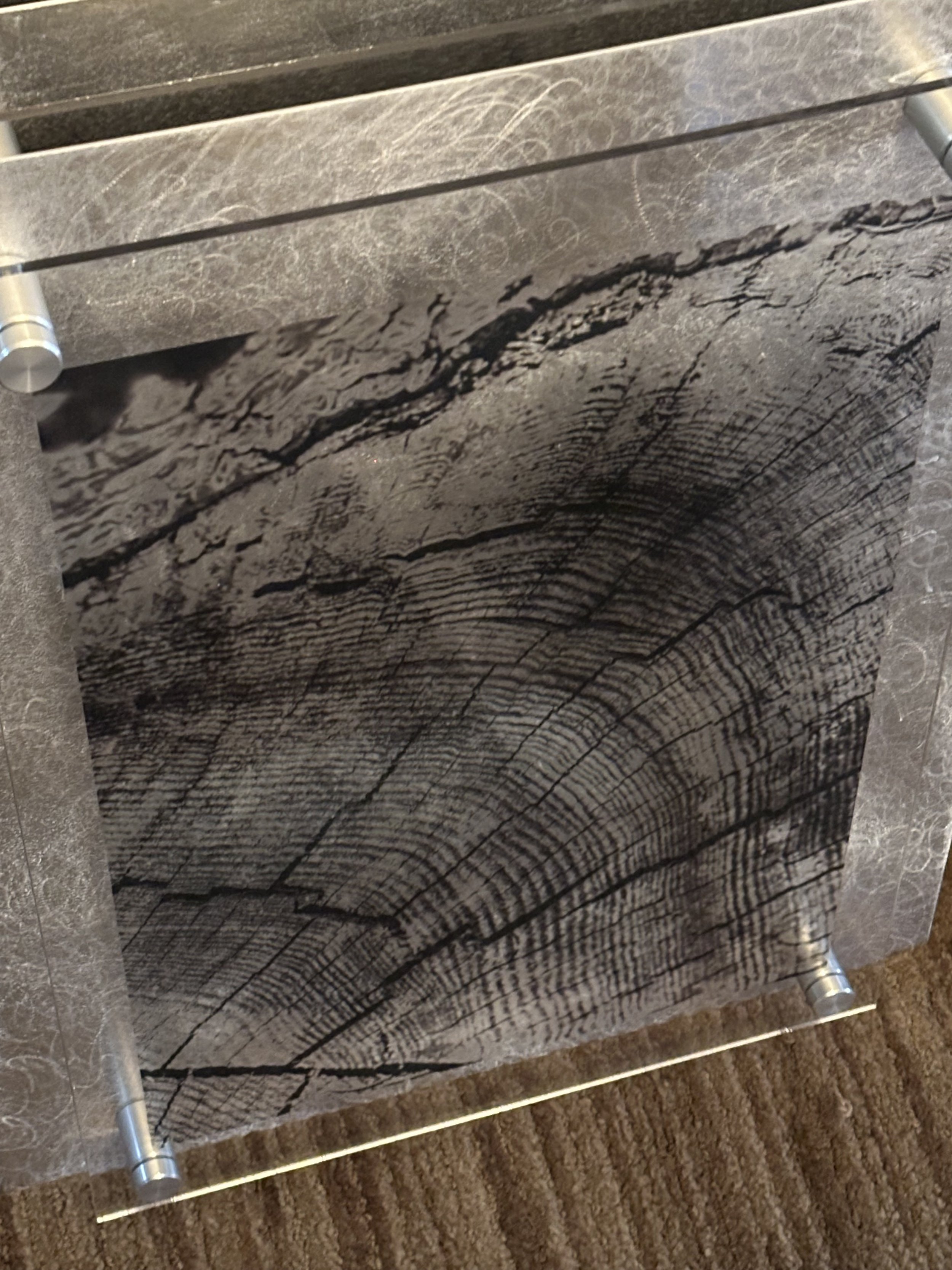 Ponderosa wood grain film negative over metal and ready to hang