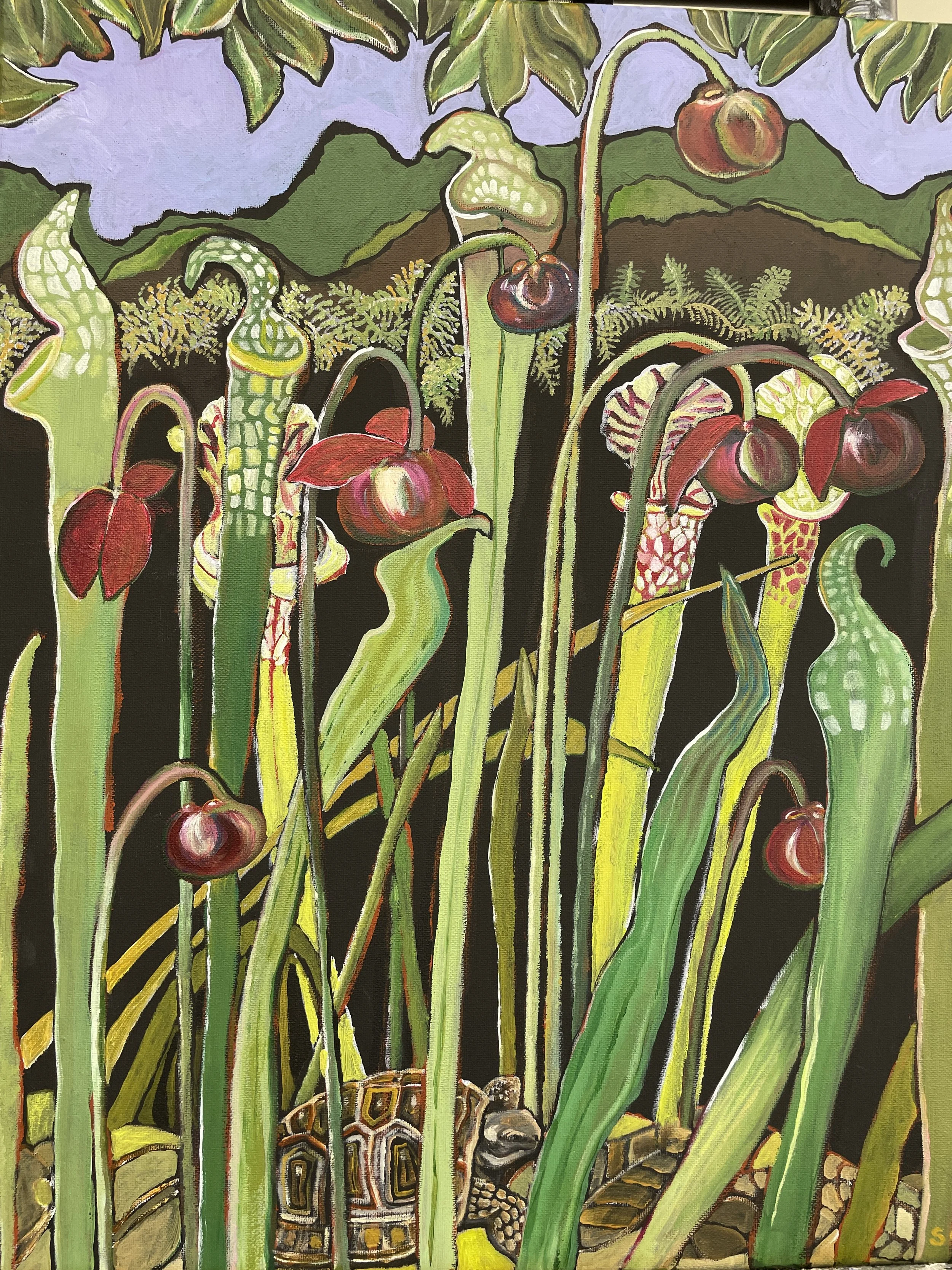 Sold; Blooming Pitcher Plants- 16"x20"; reworked 2023; 