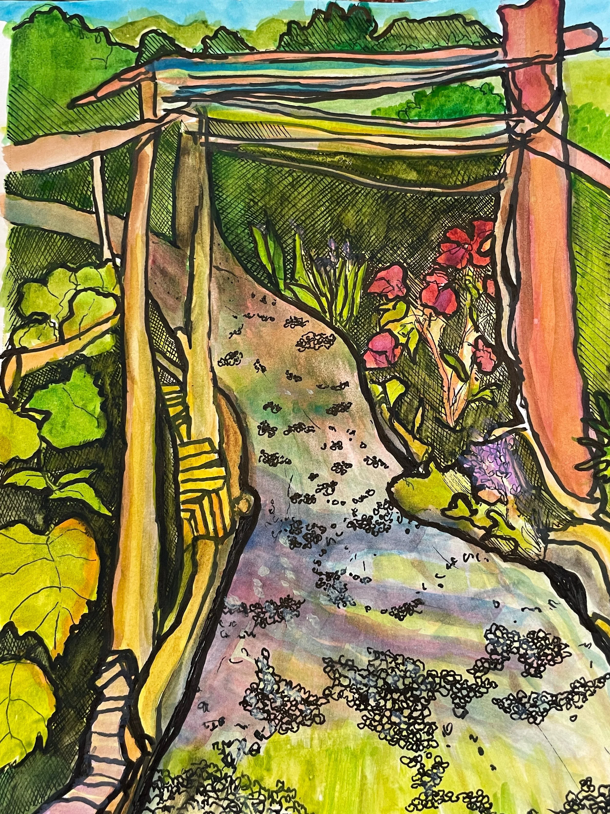 Athens Extension Garden-10”x7”; watercolor and ink with frame; $200 plus postage
