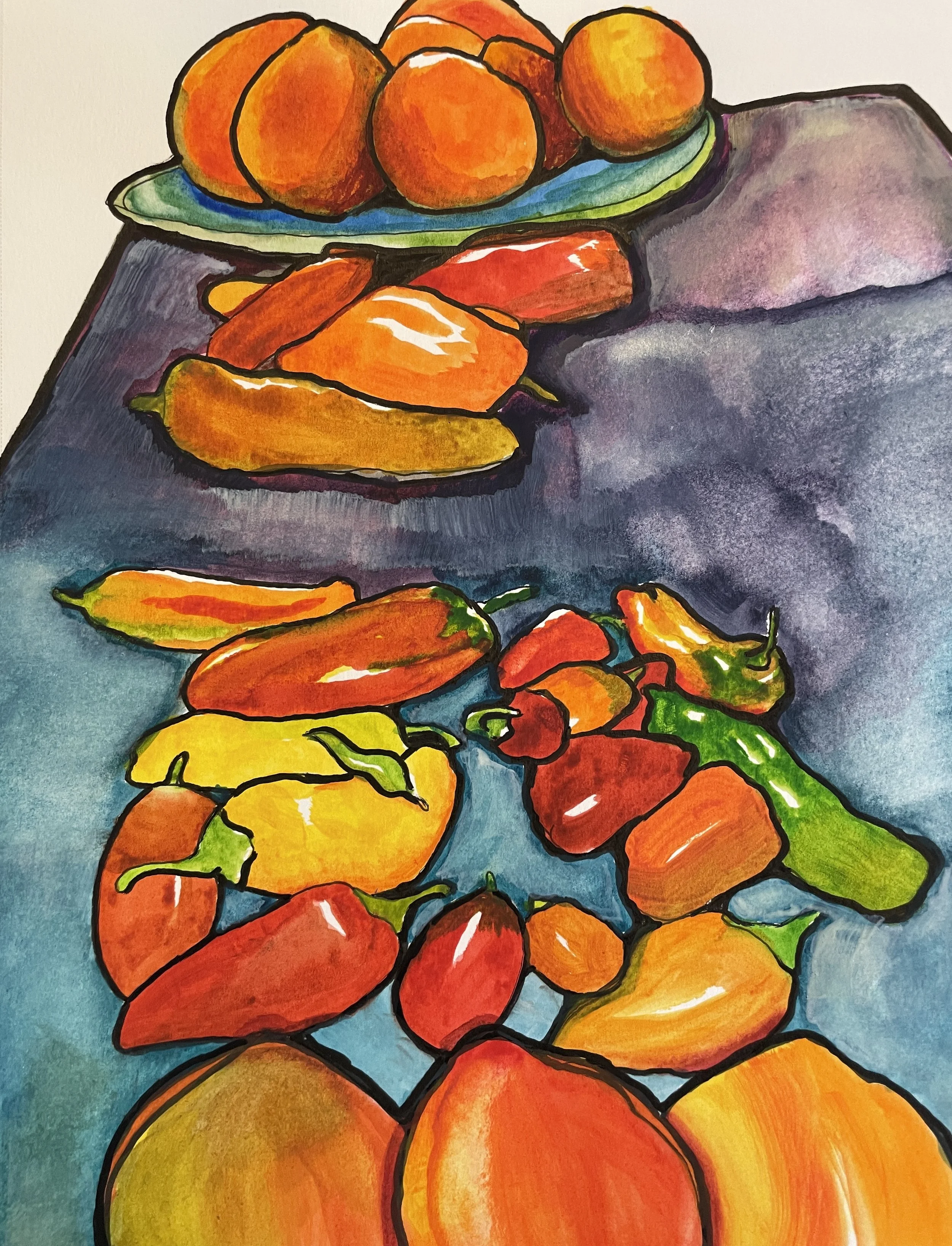 Sold-Peaches and Peppers-10’x7”; watercolor and ink frame; Aug 2024
