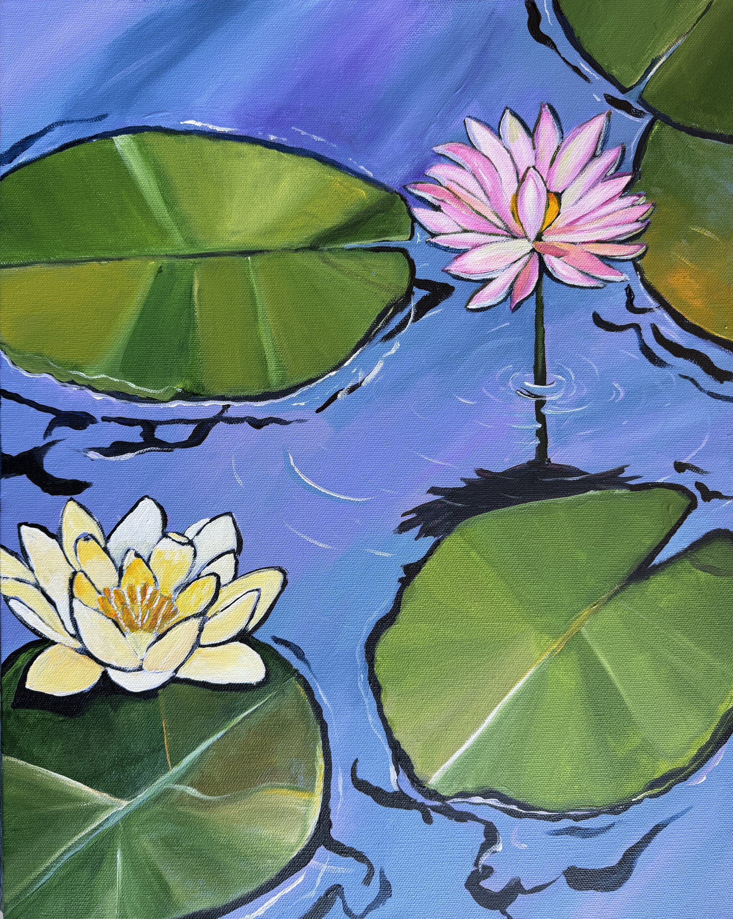 May Water Lilies (20"x16") acrylic on canvas; May 2024; $300 plus postage