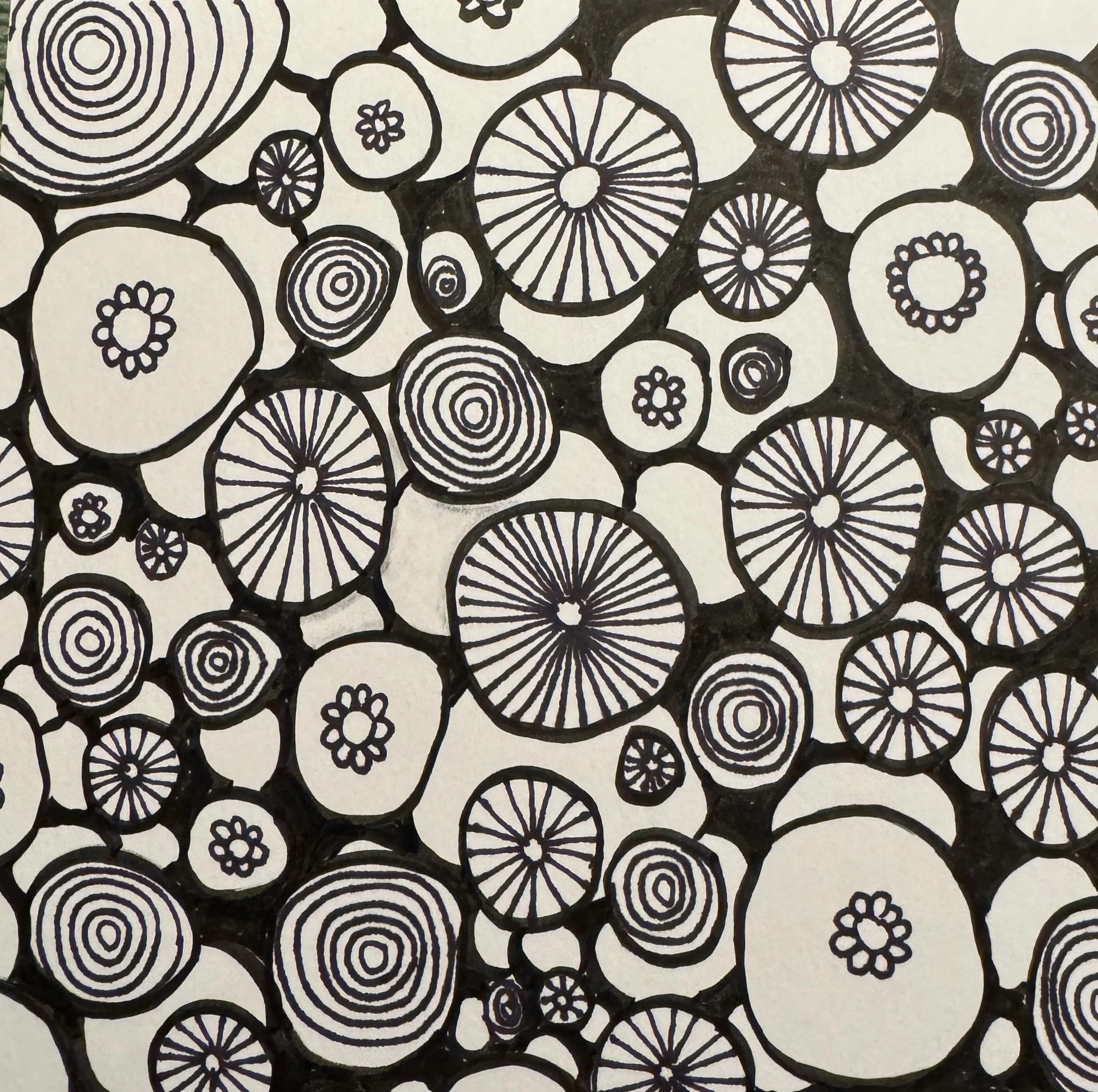 Hopping Circles; pen and ink; March 2025; Sold