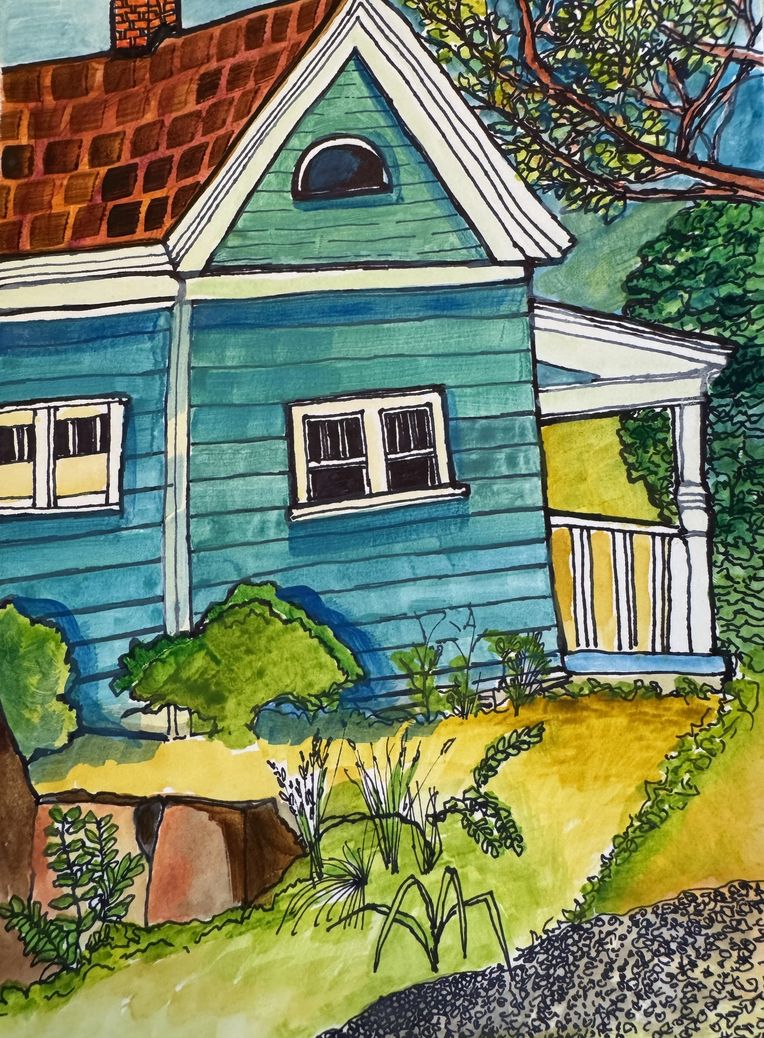 Summer in the Neighborhood- (10x7') watercolor and ink; July 2025; available