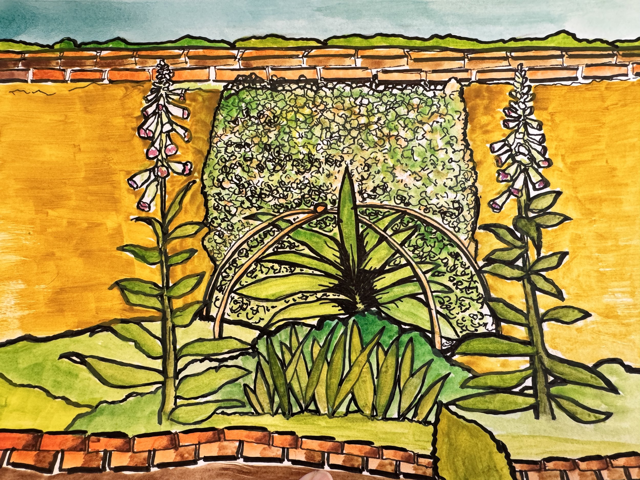 Blooms with Yellow Wall- 7"x10"; watercolor and ink; 2026; Available $200 plus shipping.