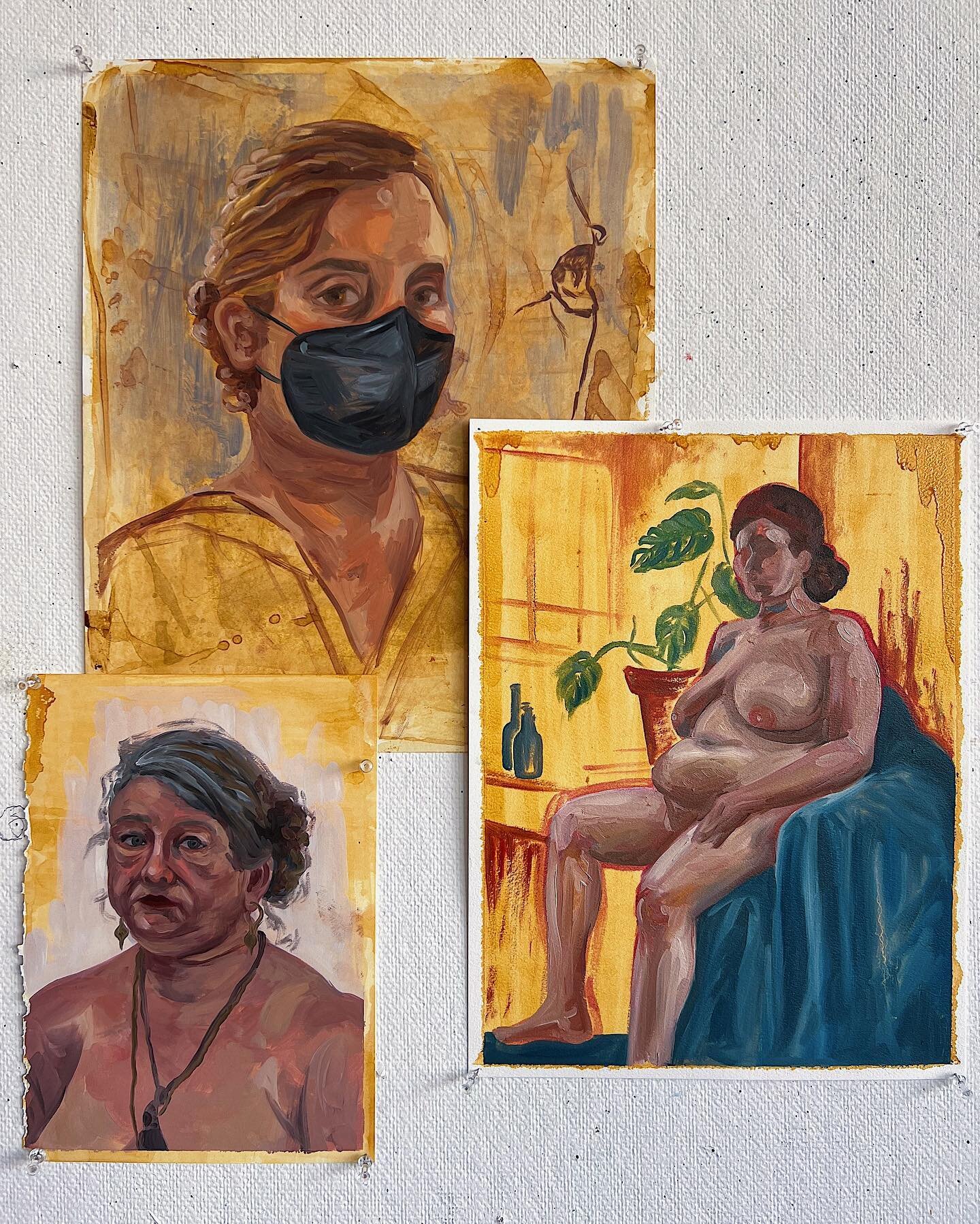 figure paintings and portraits (oil paint on shellac-primed paper)
