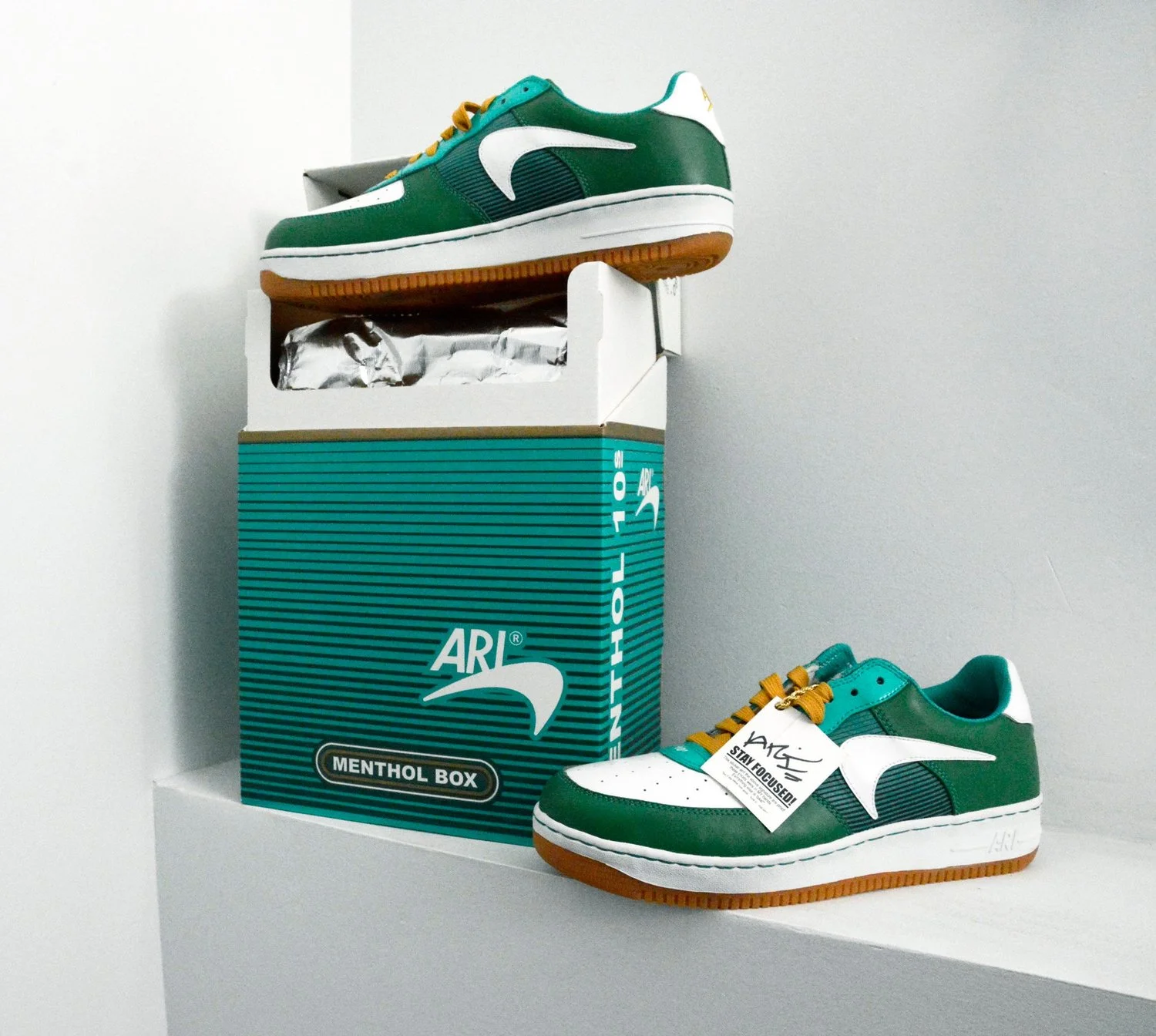Menthol 10s Sneakers and Box , Ari Saal Forman, 2006. Courtesy of Private Collection. Photographed by Aanchal Bakshi for NYU Costume Studies, 2018. Image © Aanchal Bakshi.