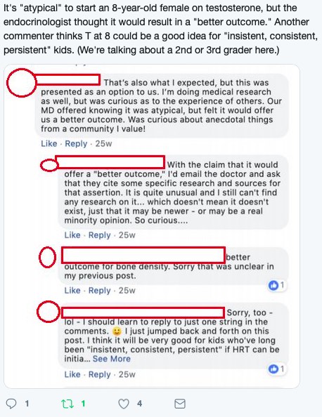 Facebook parent group indicating females are being given testosterone at 8yrs