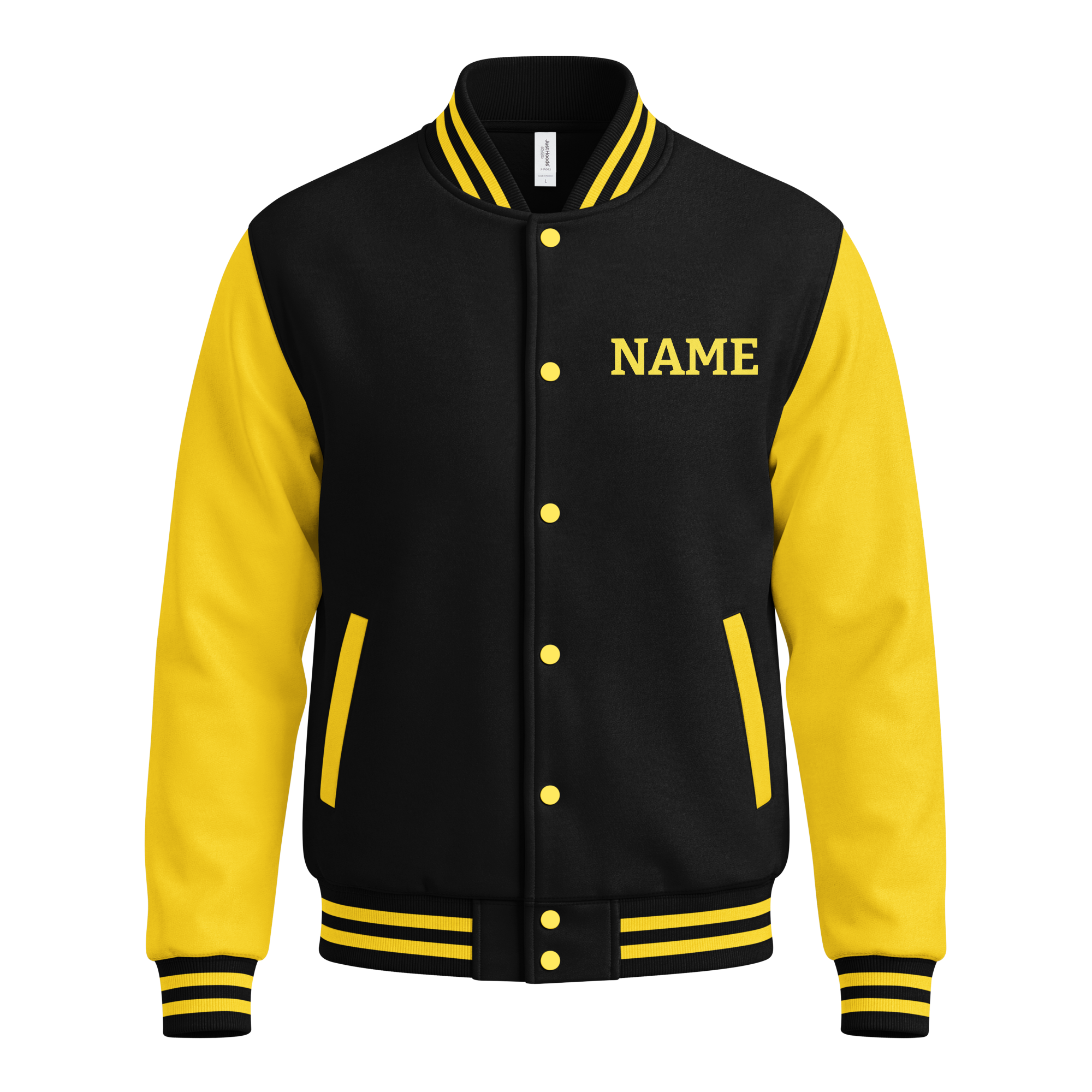 unisex-heavyweight-letterman-jacket-jet-black-sun-yellow-front-6a79235aa8bb1.png