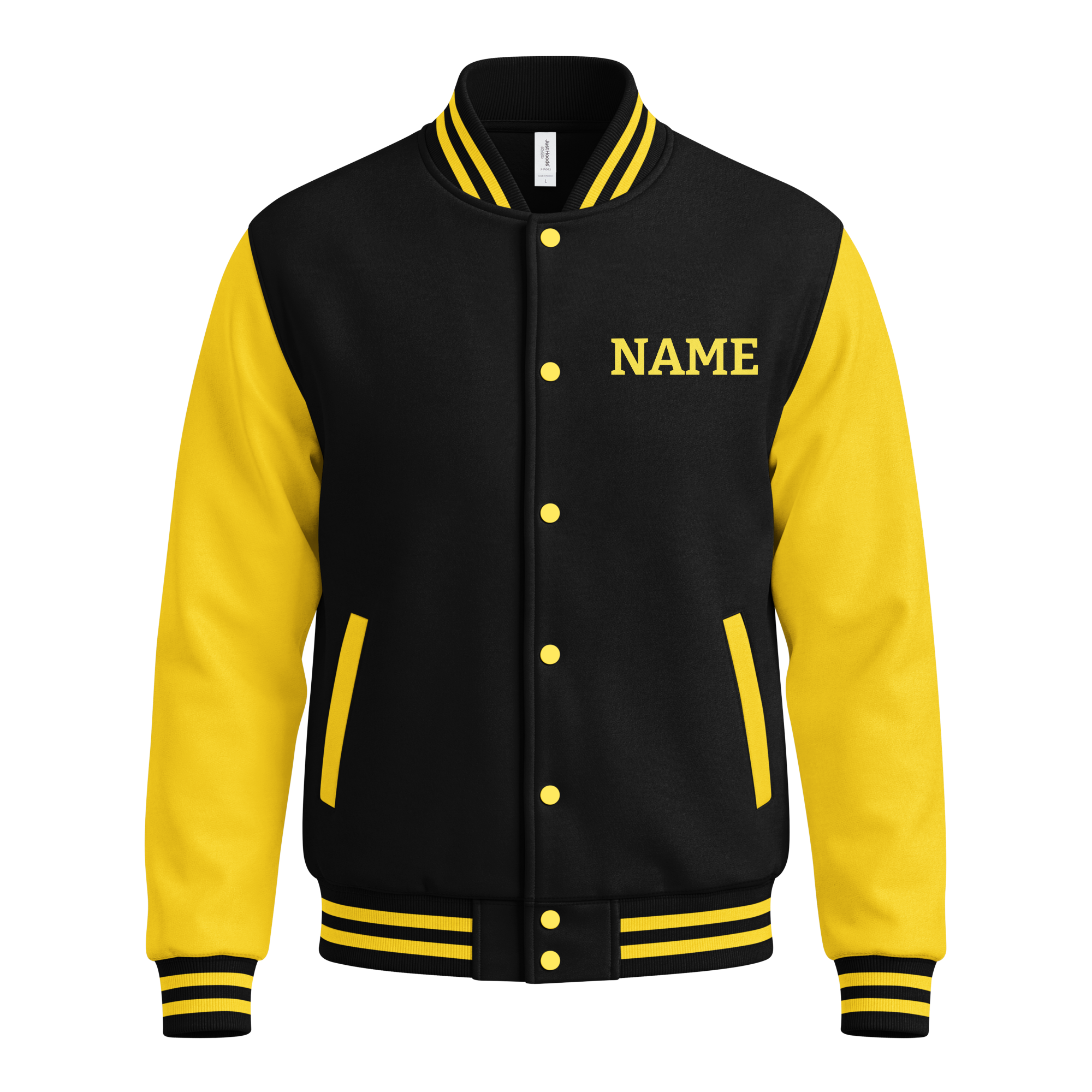unisex-heavyweight-letterman-jacket-jet-black-sun-yellow-front-6a7b2f3ce86fa.png