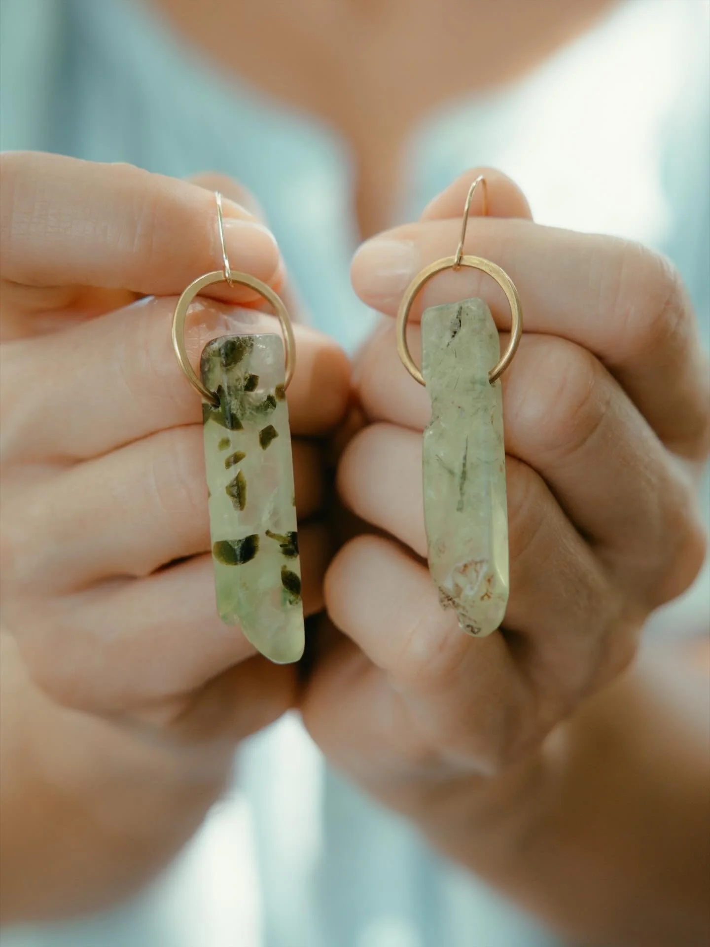 A little preview from the upcoming collection that comes out Tuesday&hellip;

Mossy green prehnite with those dark flecks that make every stone one-of-a-kind. Paired with a hammered brass ring and gold filled hook. This one&rsquo;s been in the works 