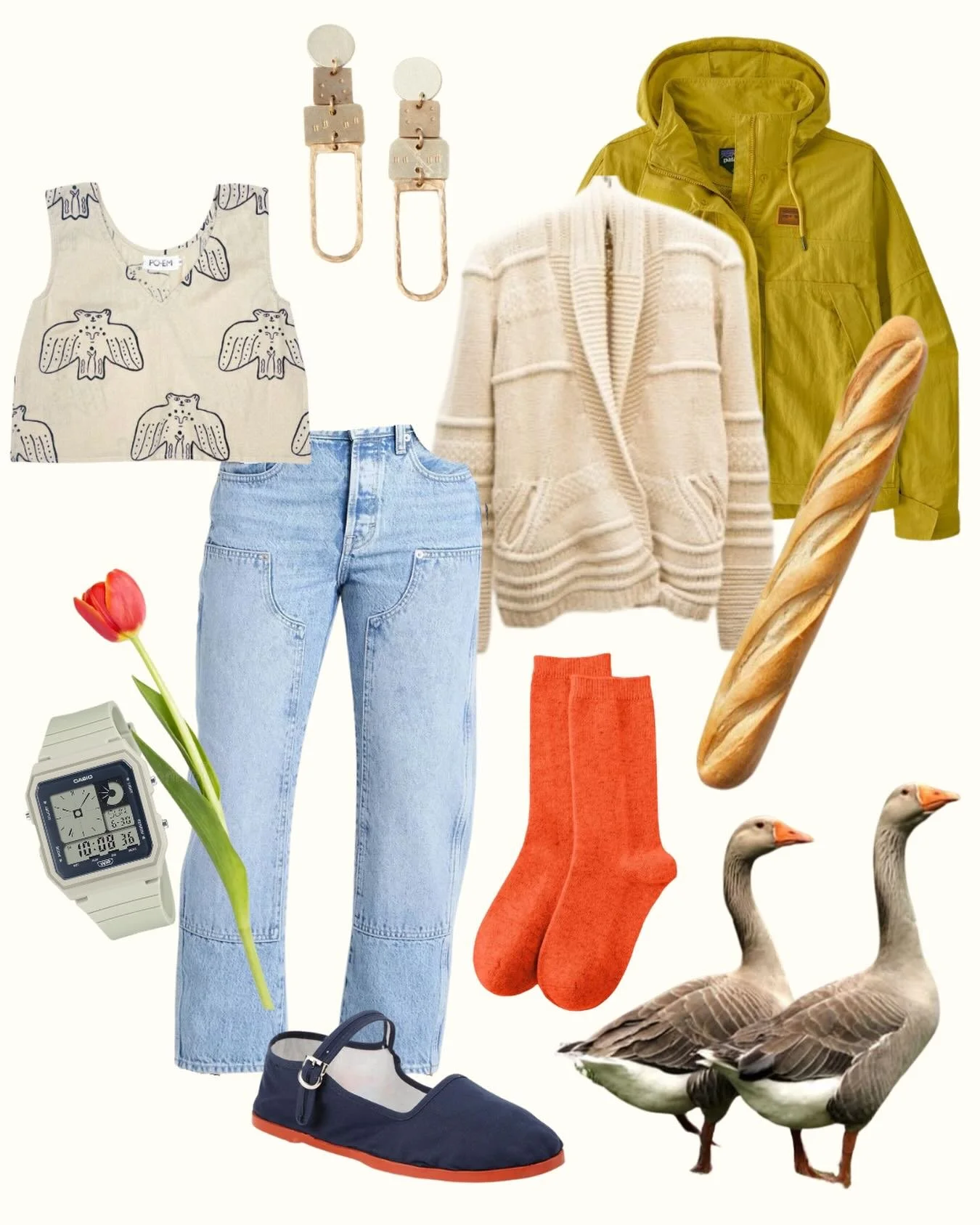 It&rsquo;s goose poop season. dress accordingly: layers, treating a baguette like an accessory, tulips, and the Rune earrings from the new Pomona collection. Stay vigilant out there.
