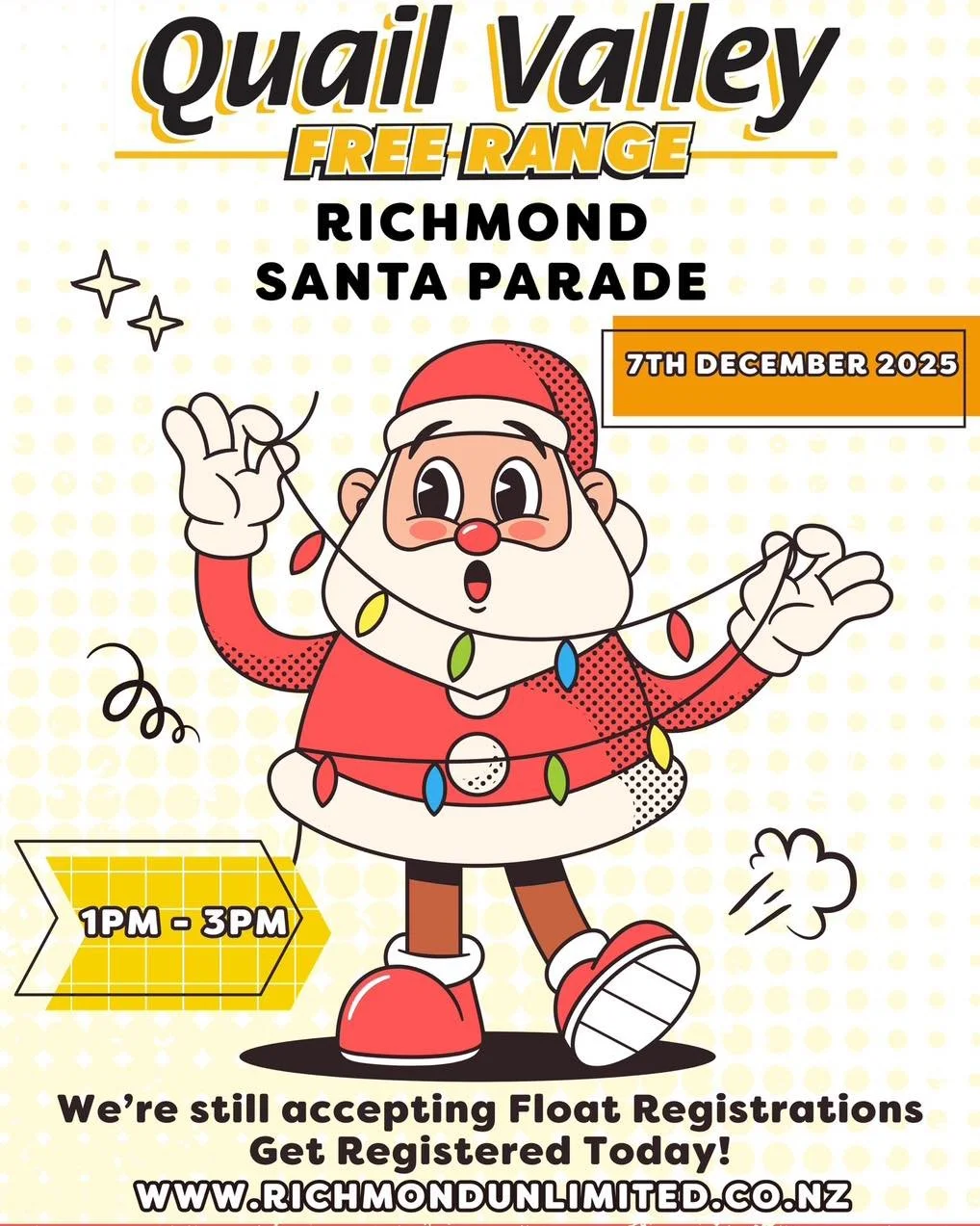 🎅🏻 🌲 The Quail Valley Free Range Richmond Santa Parade is coming! 🌲🎅🏻
We&rsquo;re still accepting float registrations &mdash; don&rsquo;t miss your chance to be part of the festive fun! 

Register your float online today at
👉 www.richmondunlim