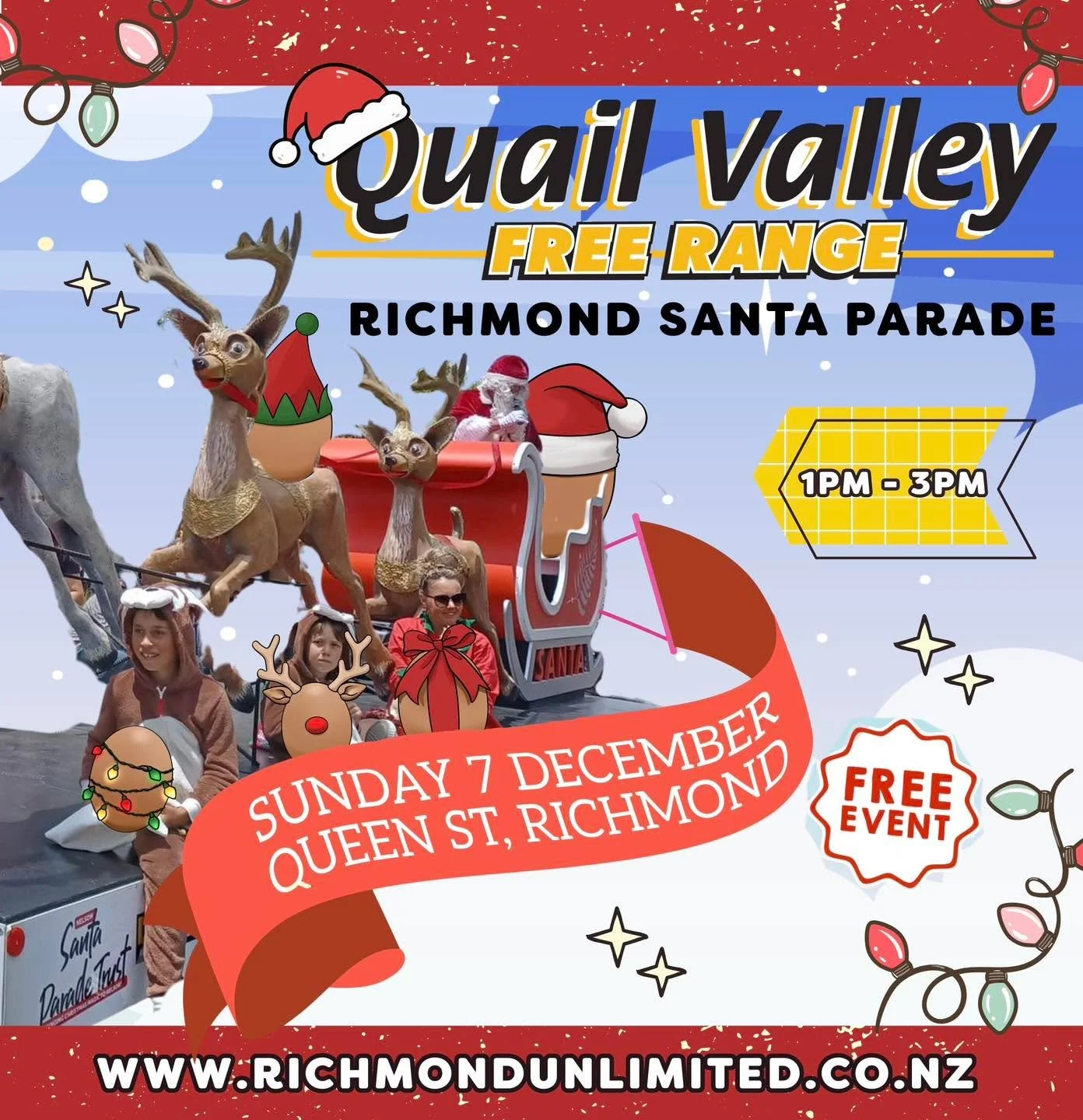 Sharing the love for our incredible sponsors 💛
First up, a huge thank you to our naming sponsor, Quail Valley Free Range. 

Without their extremely generous support, the Santa Parade simply wouldn&rsquo;t be the amazing community event it has become