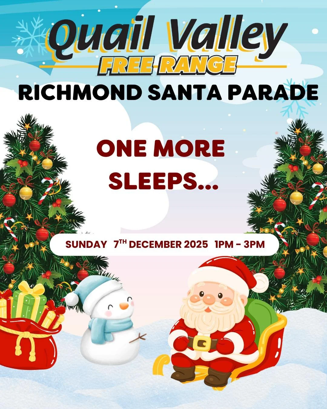🎄Tomorrow&rsquo;s the day we&rsquo;ve all been waiting for!
Santa is coming to Richmond for the Quail Valley Free Range Richmond Santa Parade! 🎅

Join us at 1pm as the parade makes its way down Queen Street, then head to Sundial Square to meet Sant