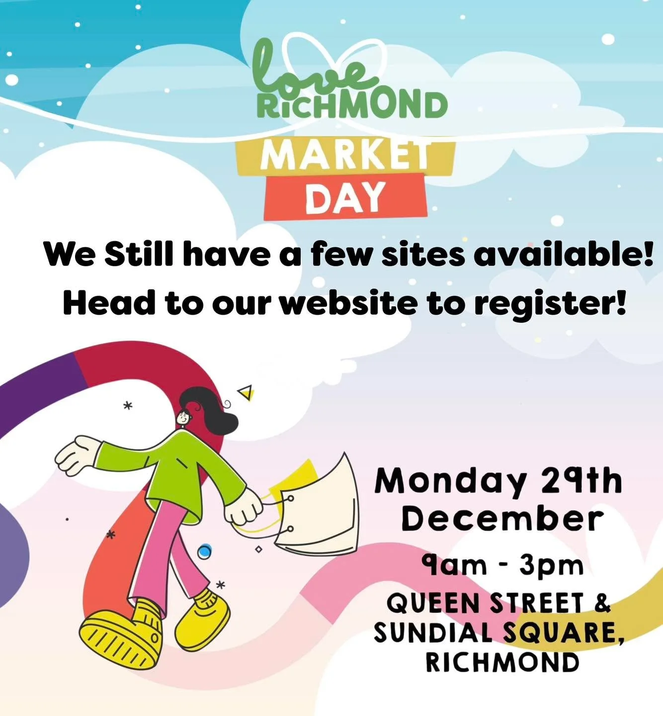 Love Richmond Market Day
29th December | 9am&ndash;3pm

We still have a few sites available. It&rsquo;s not too late to register &mdash; get in quick as we&rsquo;re close to sold out!

Register on our website: www.richmondunlimited.co.nz