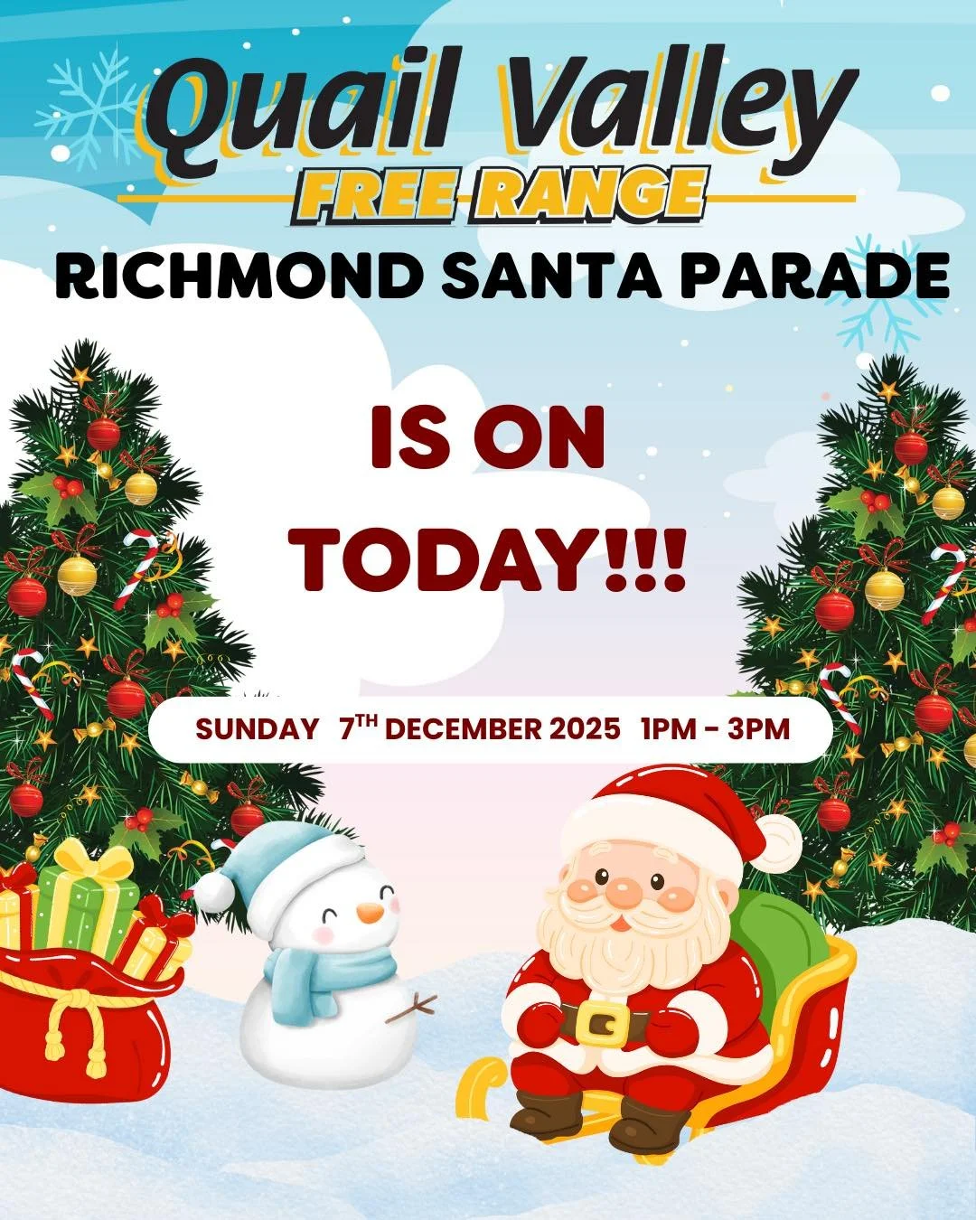 🎅🏻 Today&rsquo;s the day!🎄
The Quail Valley Free Range Richmond Santa Parade is finally here!

Head into Richmond for a 1pm parade start, and stick around in Sundial Square afterwards for a packed afternoon of entertainment &mdash; meet Santa, enj