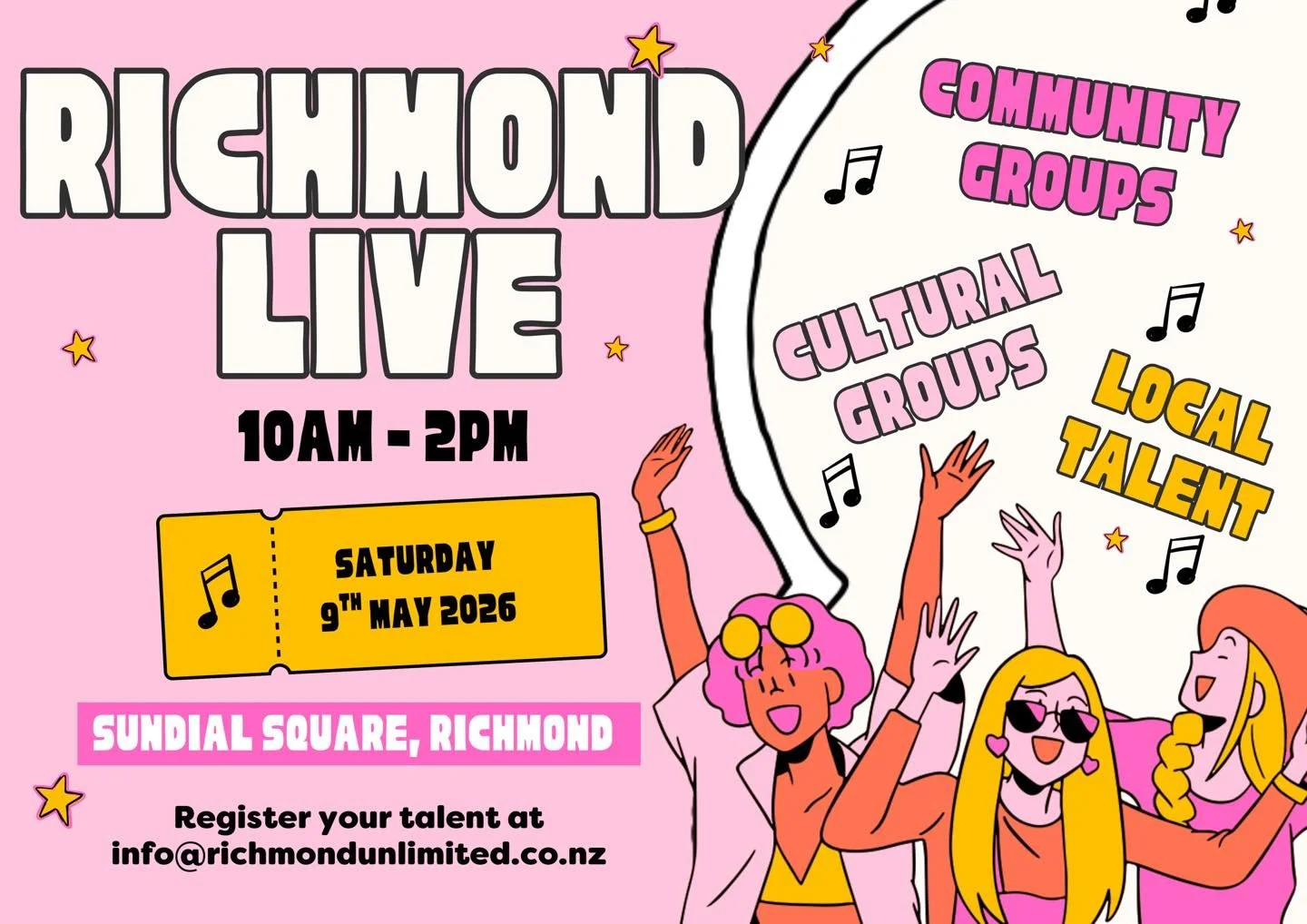 FROM THE COMMUNITY, FOR THE COMMUNITY

Got talent? This stage is yours.

Richmond Live is calling:
Singers
Dancers
Musicians
Cultural groups
Performers of all kinds

📍 Sundial Square
📅 9 May | 10AM&ndash;2PM

All ages. All cultures. All welcome

👉