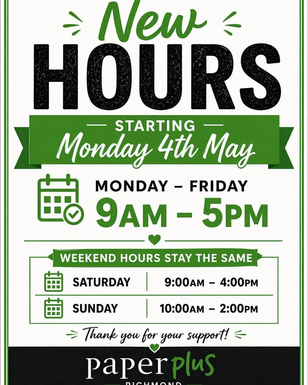 Sharing an update from Paper Plus Richmond with their new store hours:

🕒 New Opening Hours:
Monday &ndash; Friday: 9:00am &ndash; 5:00pm
Saturday: 9:00am &ndash; 4:00pm
Sunday: 10:00am &ndash; 2:00pm

Pop in and support the team for all your books,