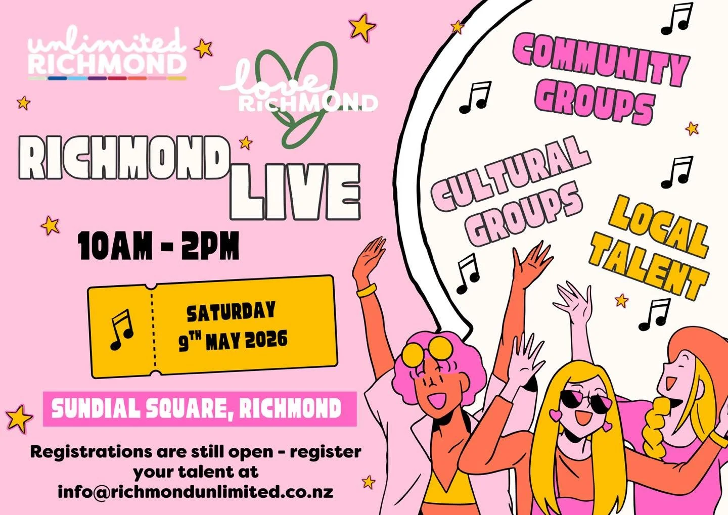 🎶 RICHMOND LIVE! 🎶

Join us for a vibrant afternoon celebrating our amazing community

🗓 Saturday 9th May 2026�⏰ 10AM &ndash; 2PM�📍 Sundial Square, Richmond

-Community Groups�-Cultural Groups�-Local Talent

Got a talent to share? Registrations a