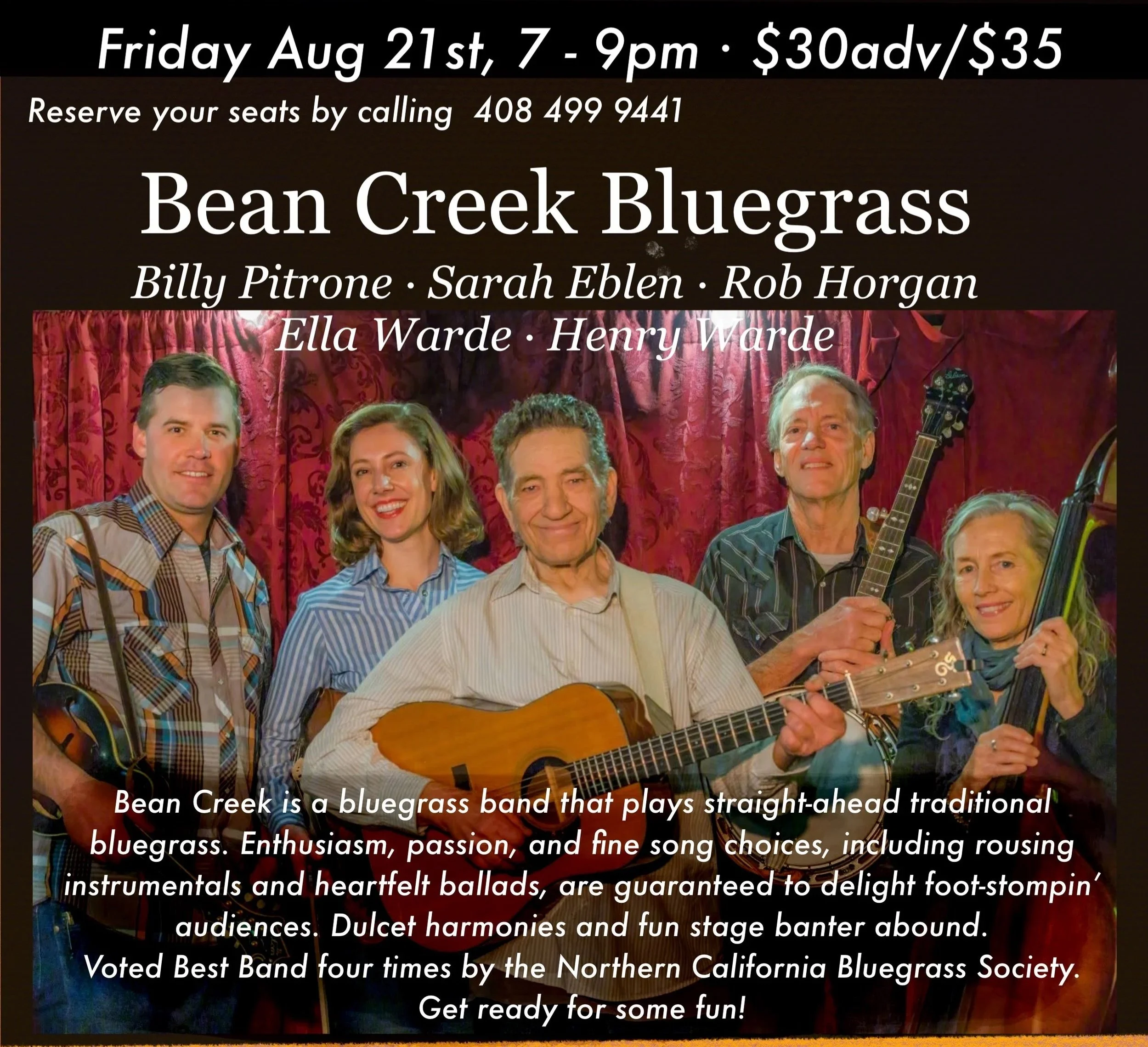 Bean Creek Bluegrass  · Fri 8/21st, 7-9p, $30adv