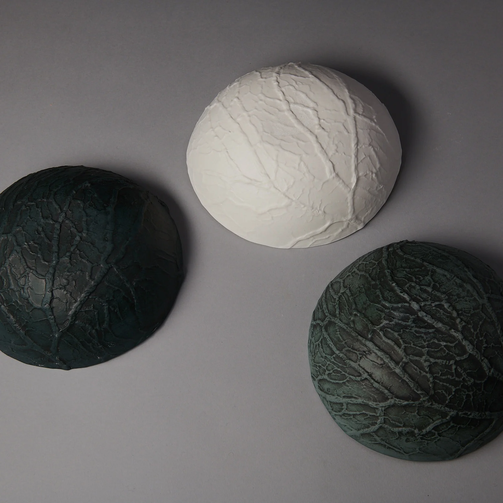 Caul bowl backs - from L to R - petrol blue with black stain, white, slate with black stain