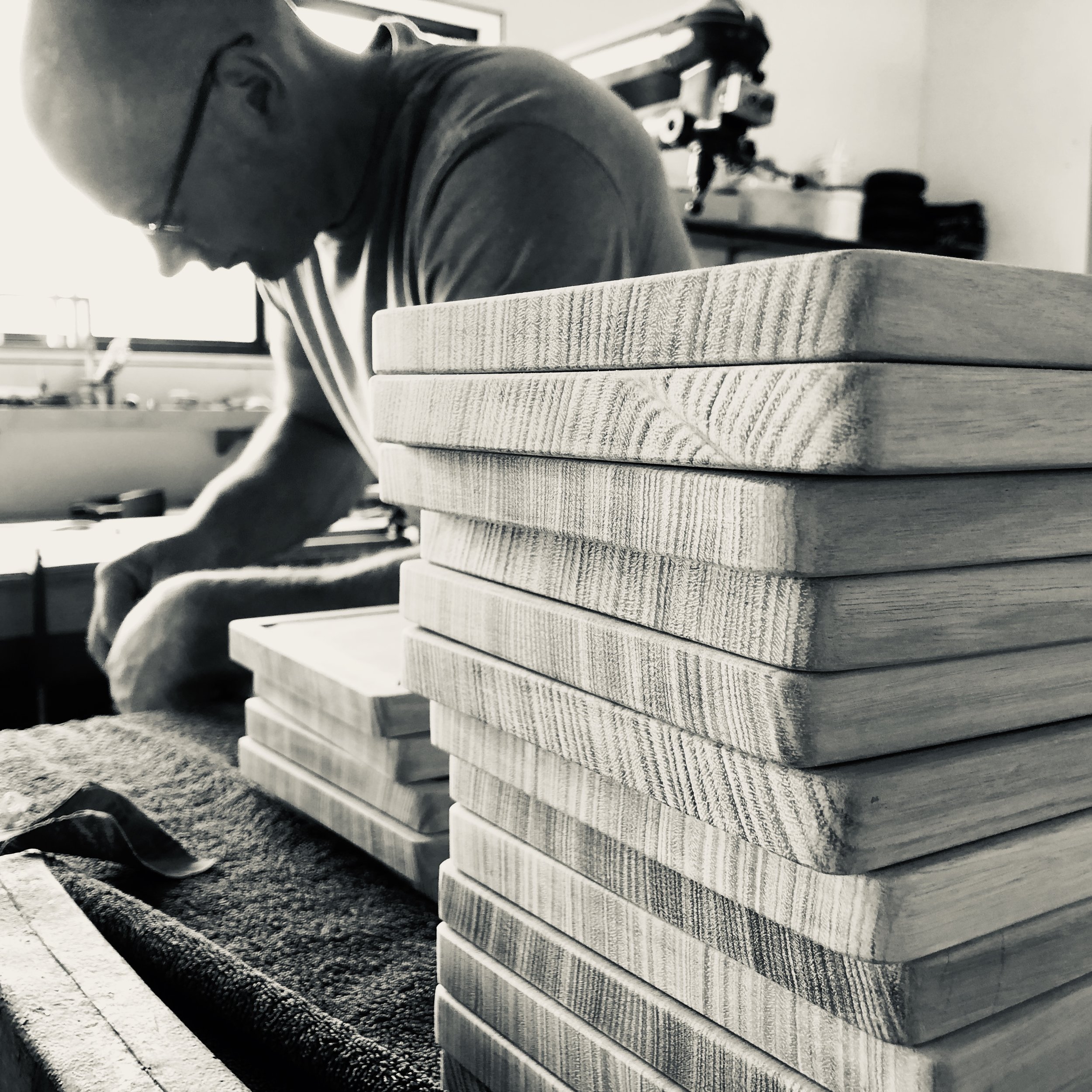 Jim sanding the edge of the boards 