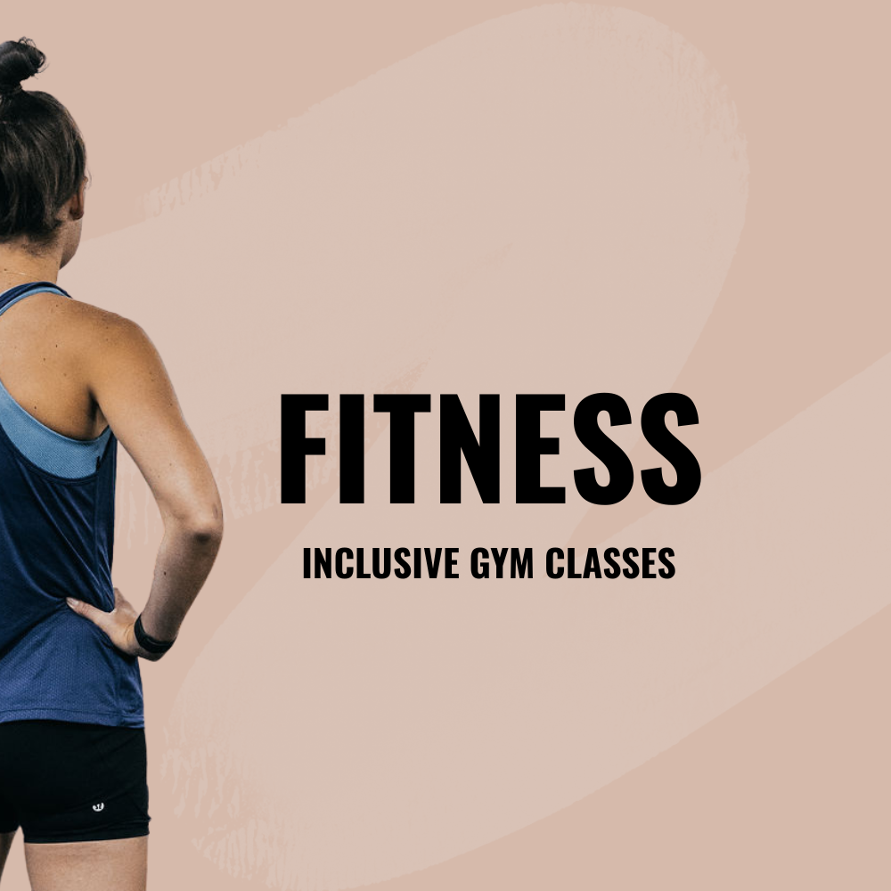 A woman wearing a blue athletic tank top and black shorts with her back turned, standing with one hand on her hip, next to text that says "Fitness: Inclusive Gym Classes" on a light pink and beige background.