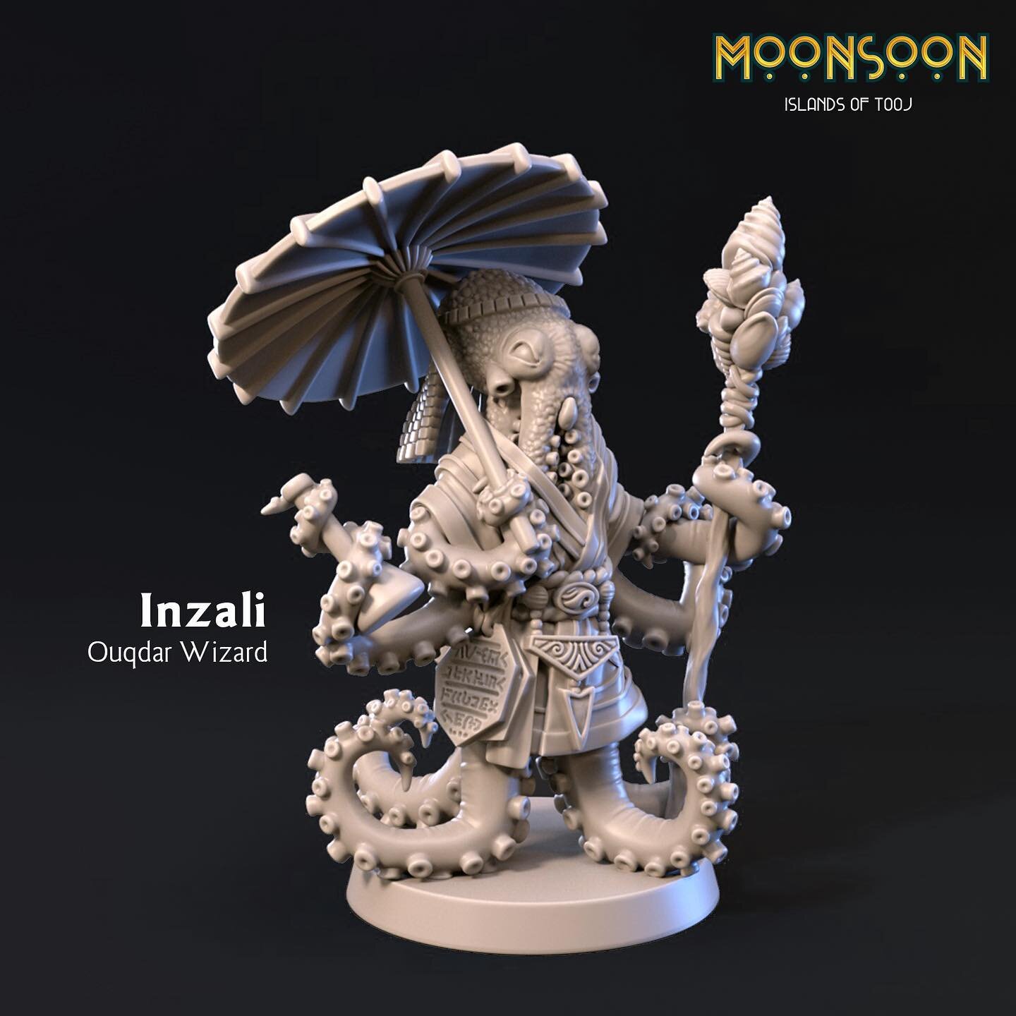 She&rsquo;s here! Sculpted by @zegolem into the 3D world. Meet Inzali, the colorful moon gazer Ouqdar with her little umbrella. 🤗🤗

She will be available to play in the starter campaign as a pre-made iconic character in Moonsoon: Islands of Tooj. 
