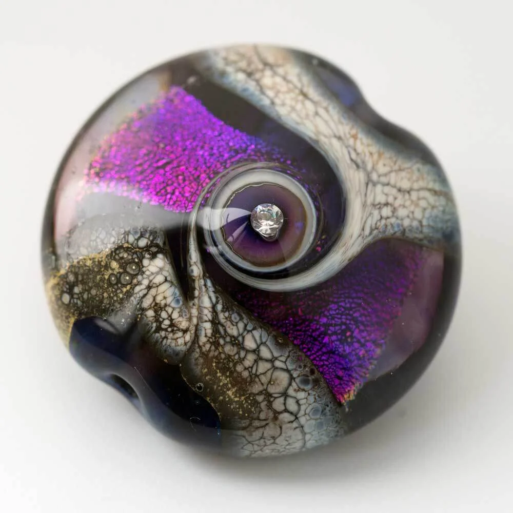Purple Lentil Focal Bead with Dichroic and Cubic Zirconia