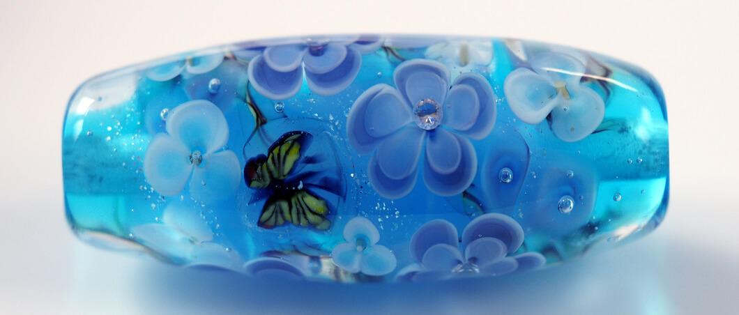 Large Aqua Floral Focal Lampwork Bead with Butterfly