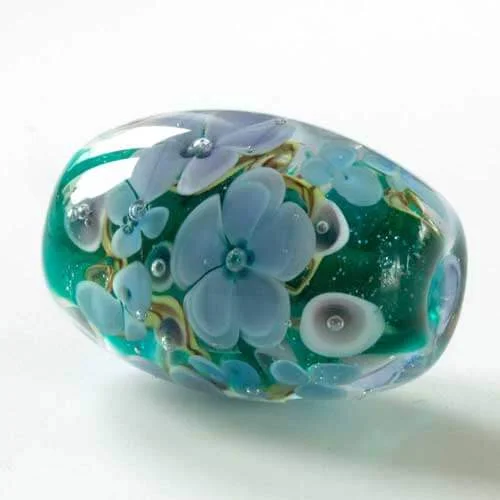 Teal Floral Flocal Lampwork Glass Bead