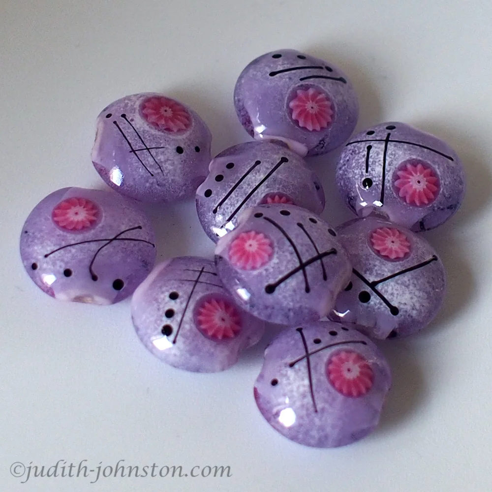 Lavender Lampwork Beads Set with Pink Flower