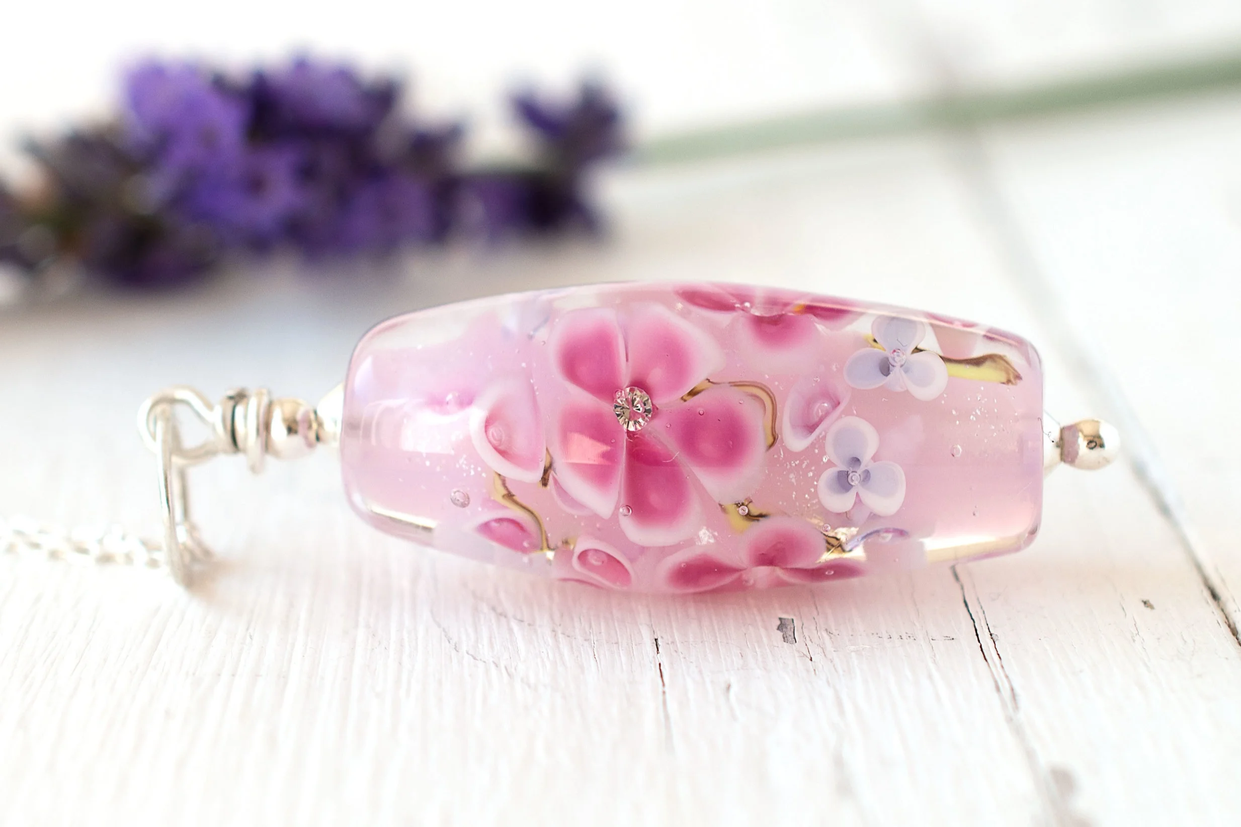 Pink floral lampwork pendant