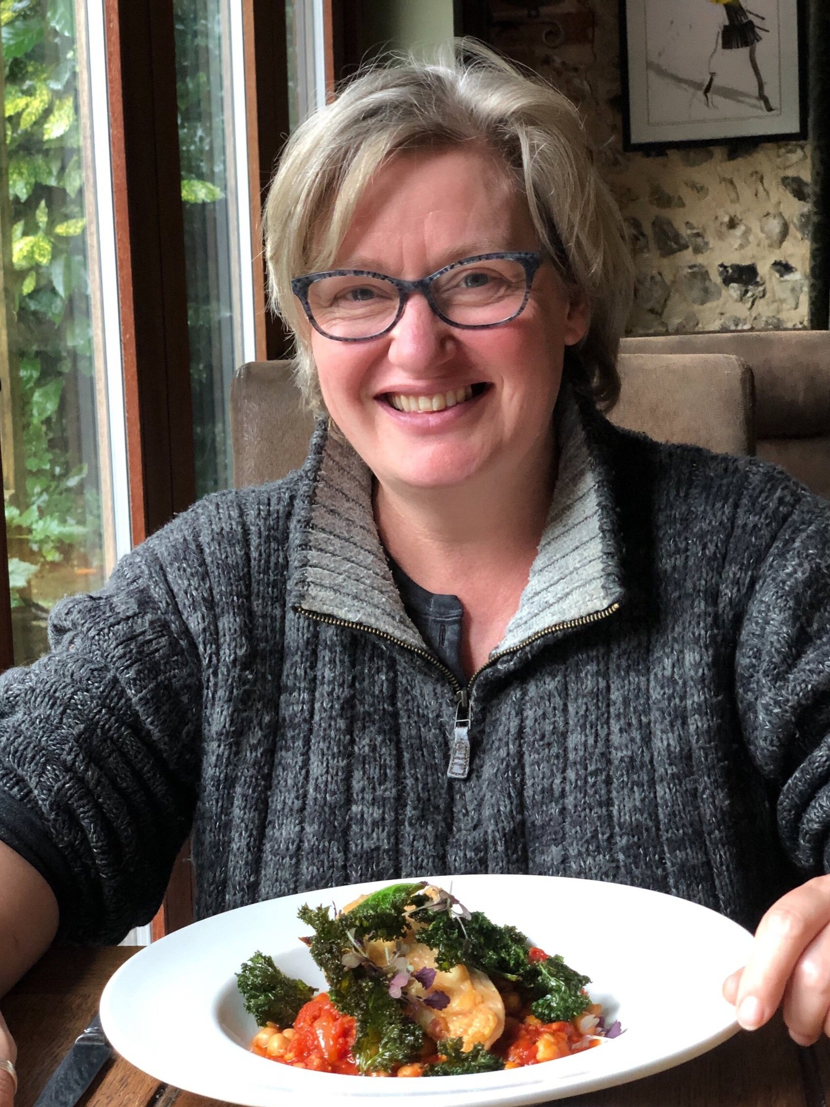Not fried halloumi but chicken with crispy kale and tomato stew - yum!