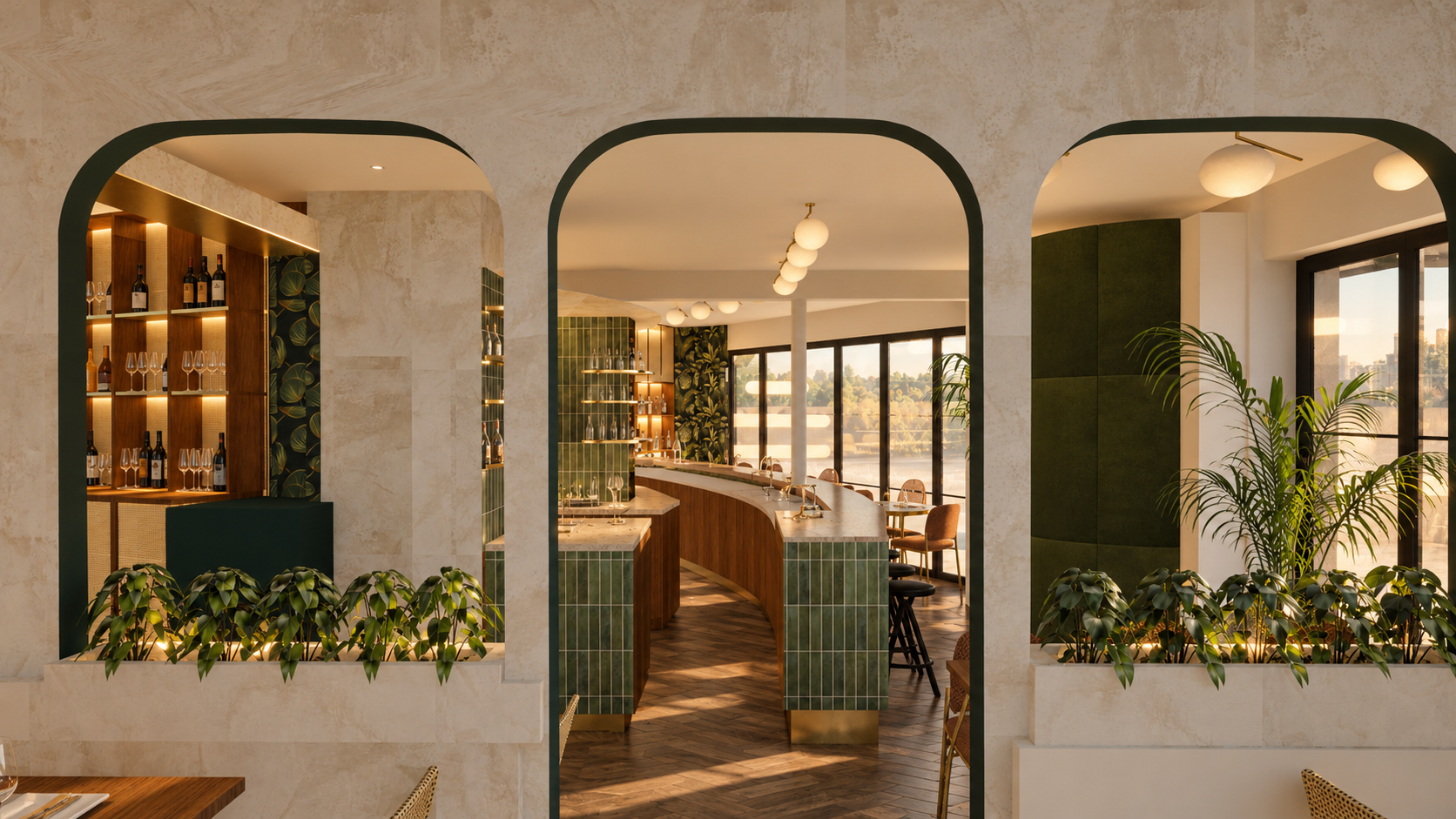 Élégant bar aux arches de pierre et verdure.png