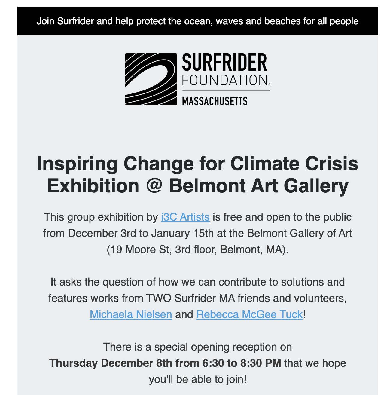 Thank you Surfrider MA Chapter for Including i3C- Inspiring Change for the Climate Crisis, in an email to their members