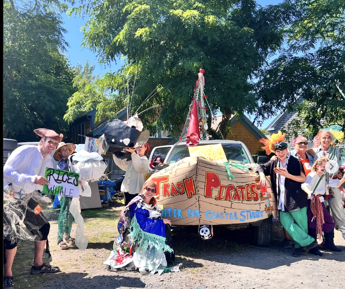 Center for Coastal Studies parade float created for "Carnival" 2024.  All materials, paint and costumes are reused and trash materials