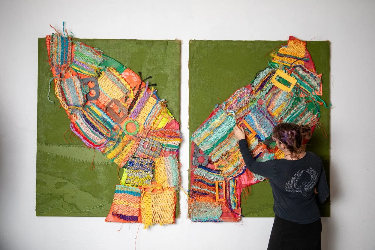 "Troubled Waters", collected sea debris on reused canvas 